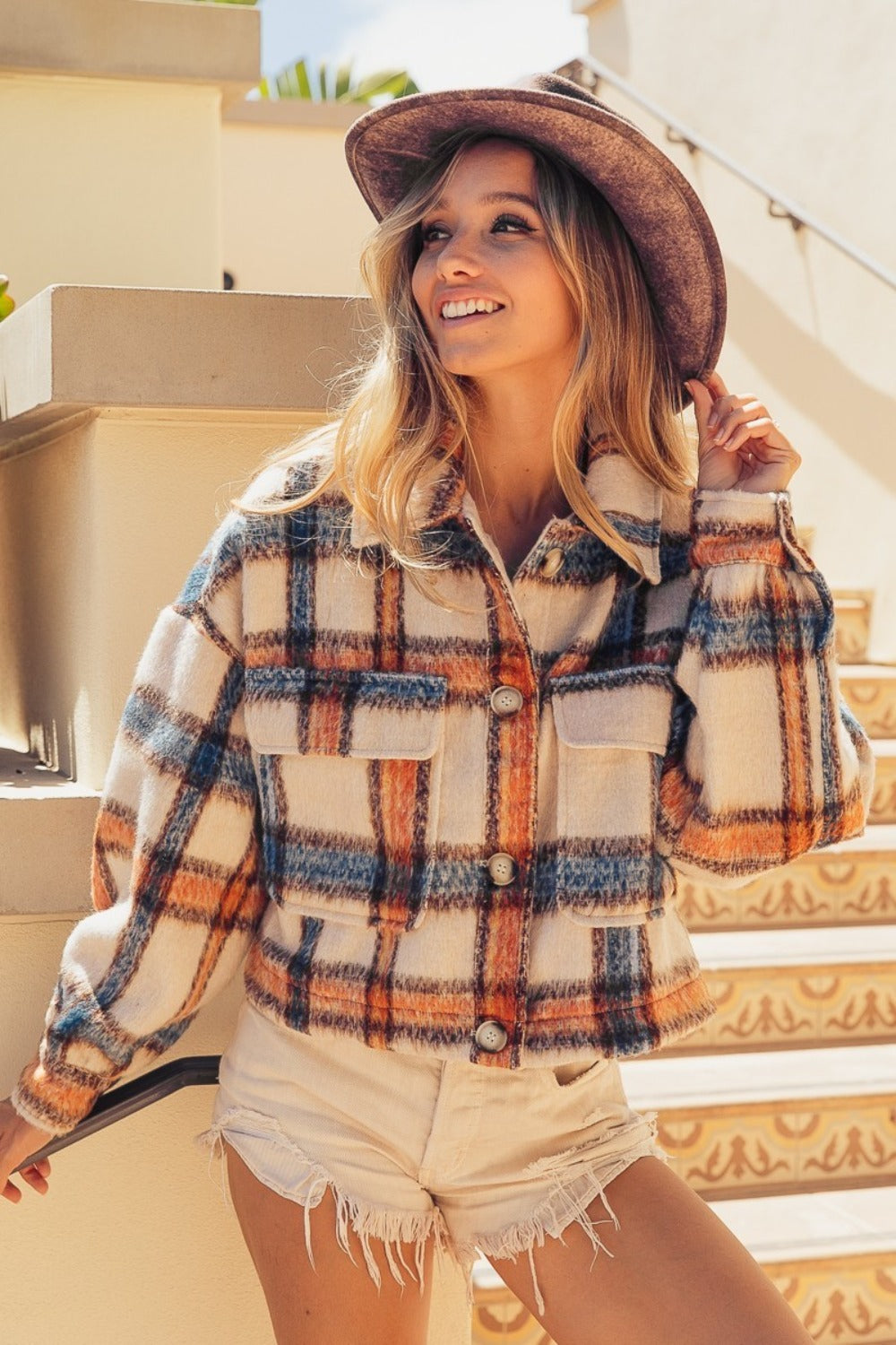 BiBi Brushed Plaid Crop Jacket