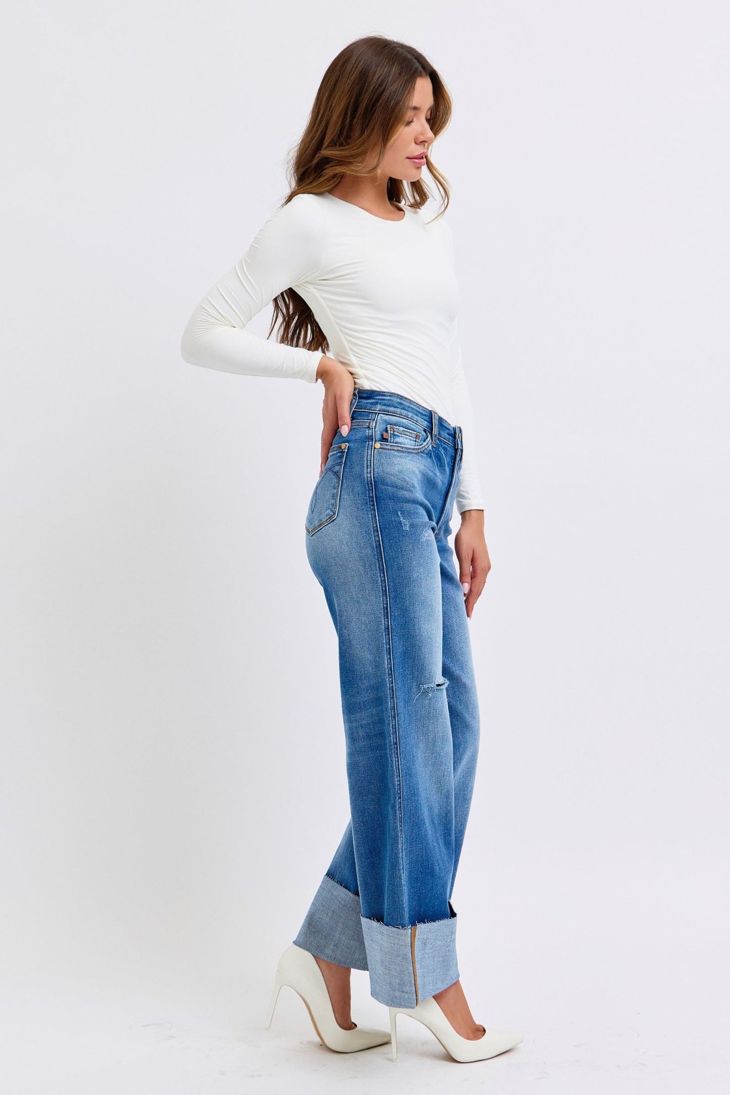 Judy Blue Retro Distressed Wide Leg Jeans