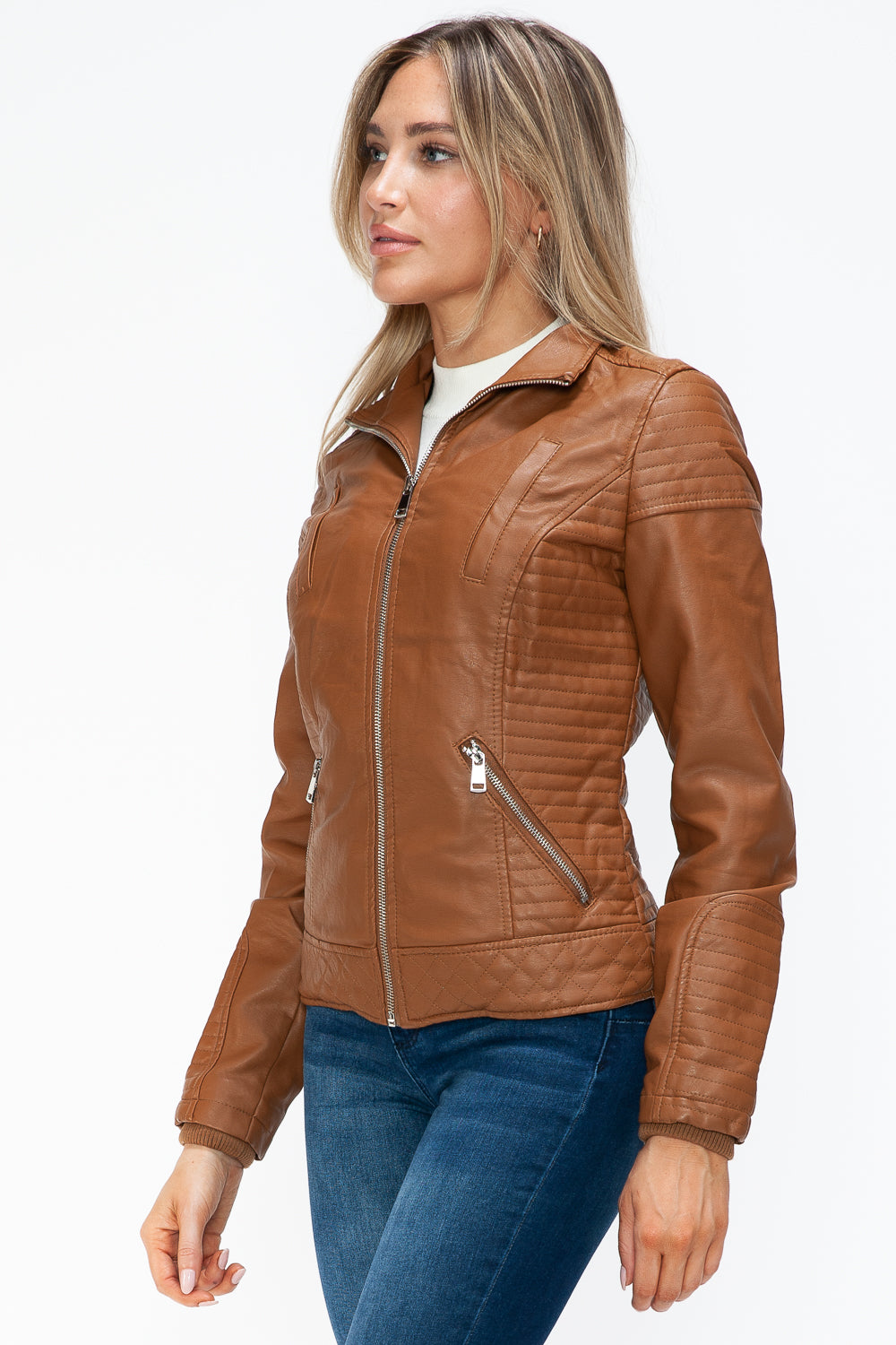 YMI Faux Layered Double-Zipper Jacket in Camel