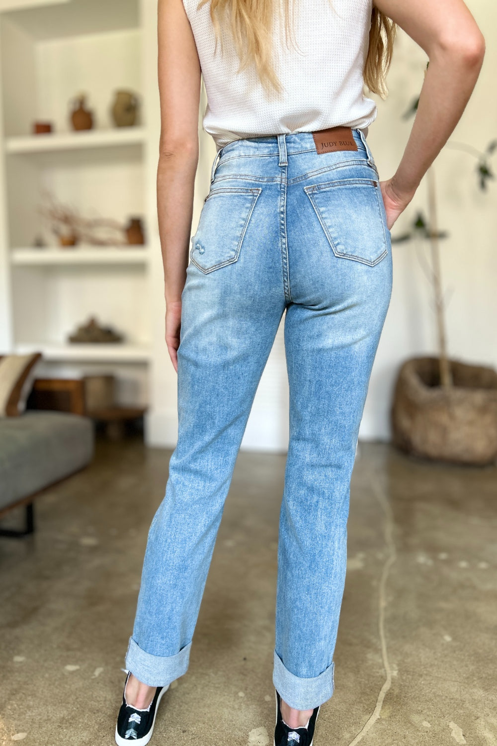 Lola Judy Blue Distressed Straight Jeans with Patch Pockets