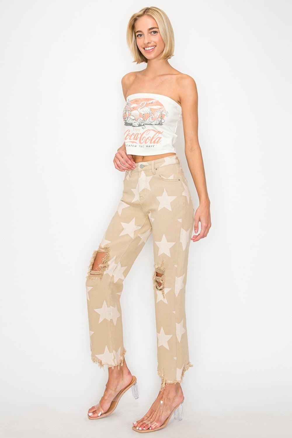 Risen High Rise Star Printed Frayed Hem Jeans