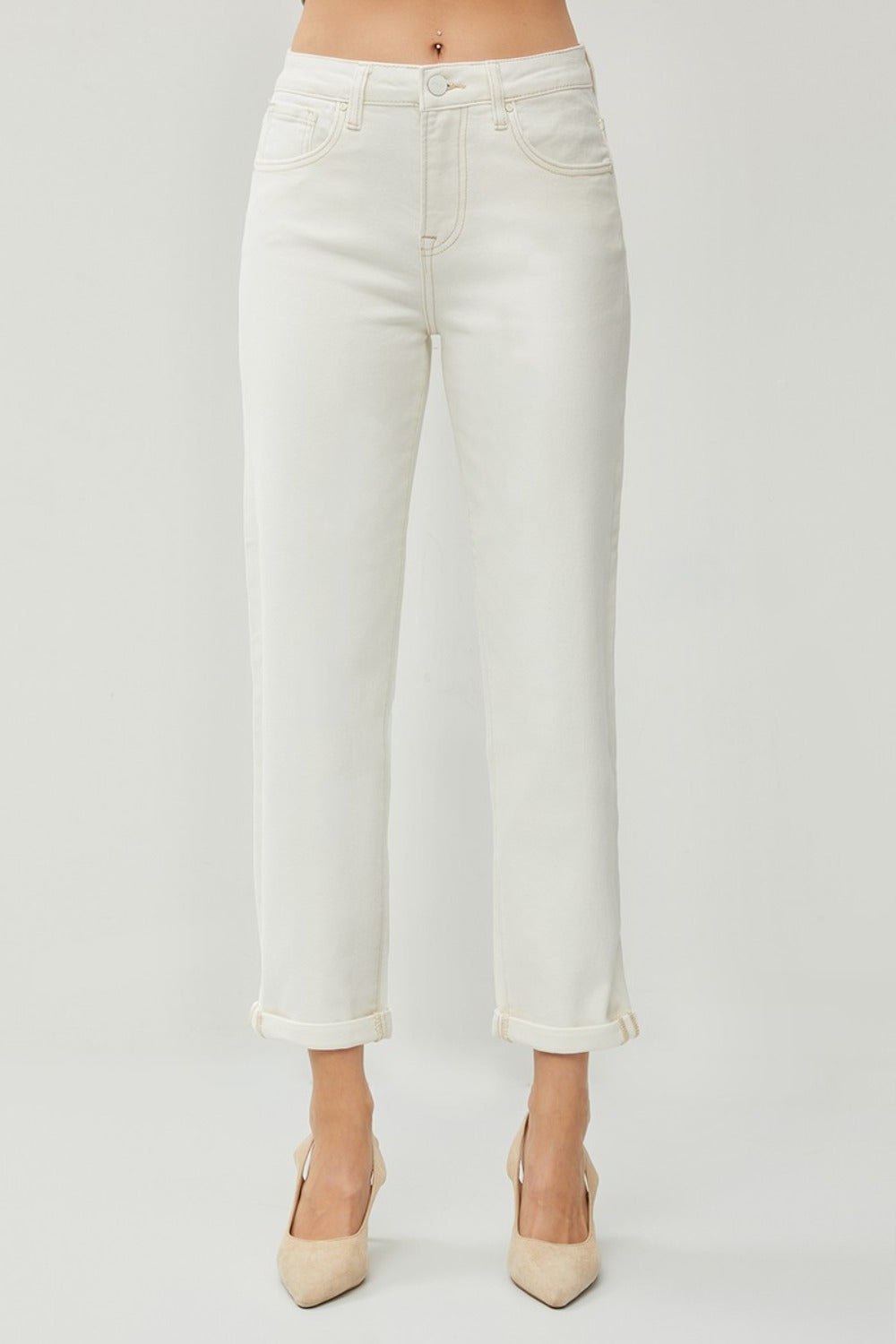 RISEN High Waist Rolled Hem Straight Jeans in Cream