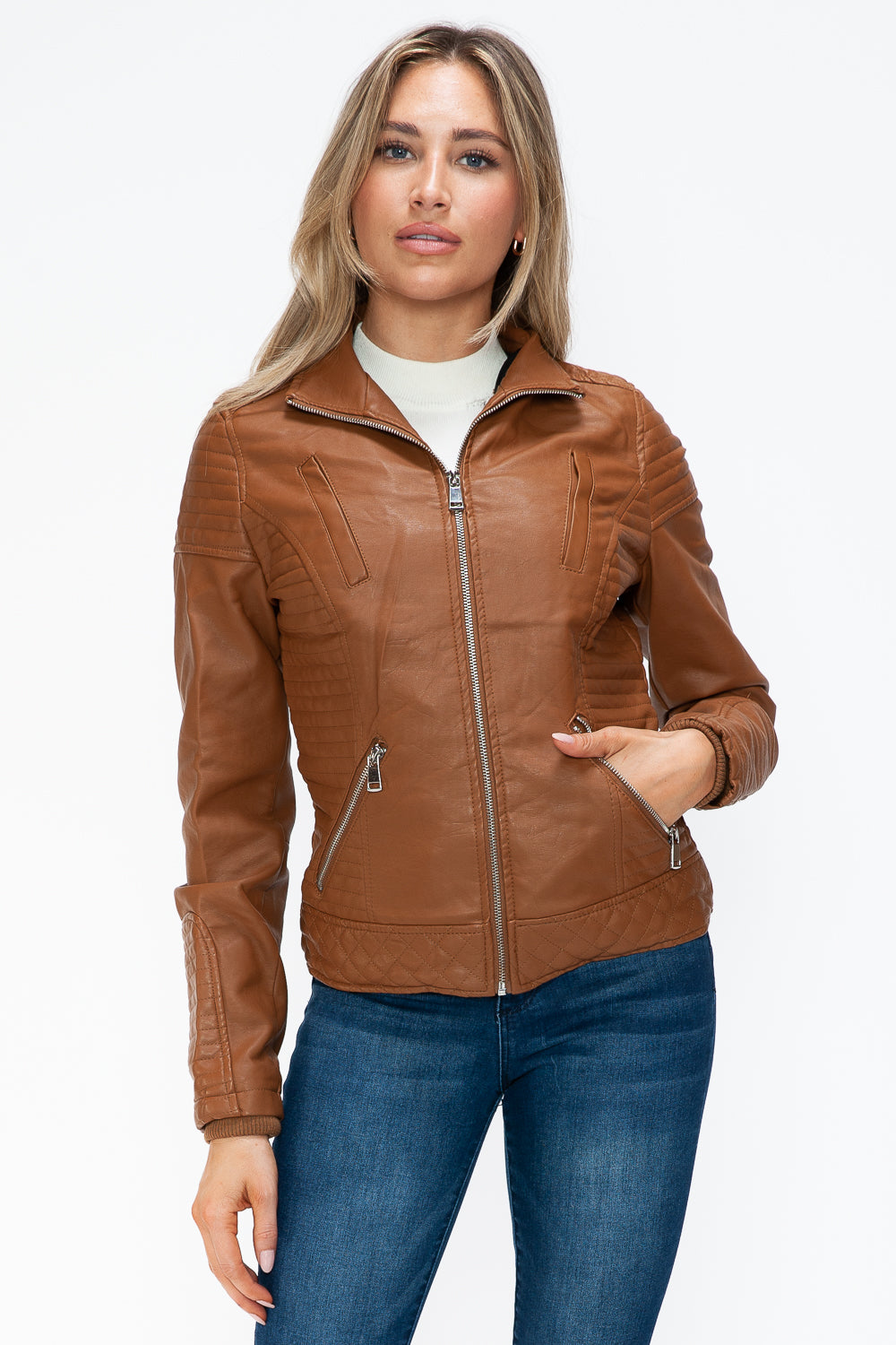 YMI Faux Layered Double-Zipper Jacket in Camel