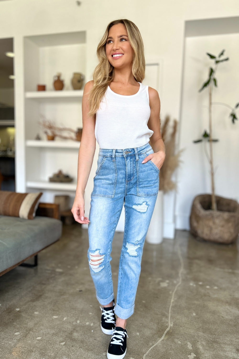 Lola Judy Blue Distressed Straight Jeans with Patch Pockets