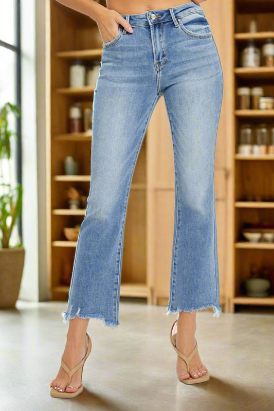 RISEN Frayed Hem Cropped Straight Jeans