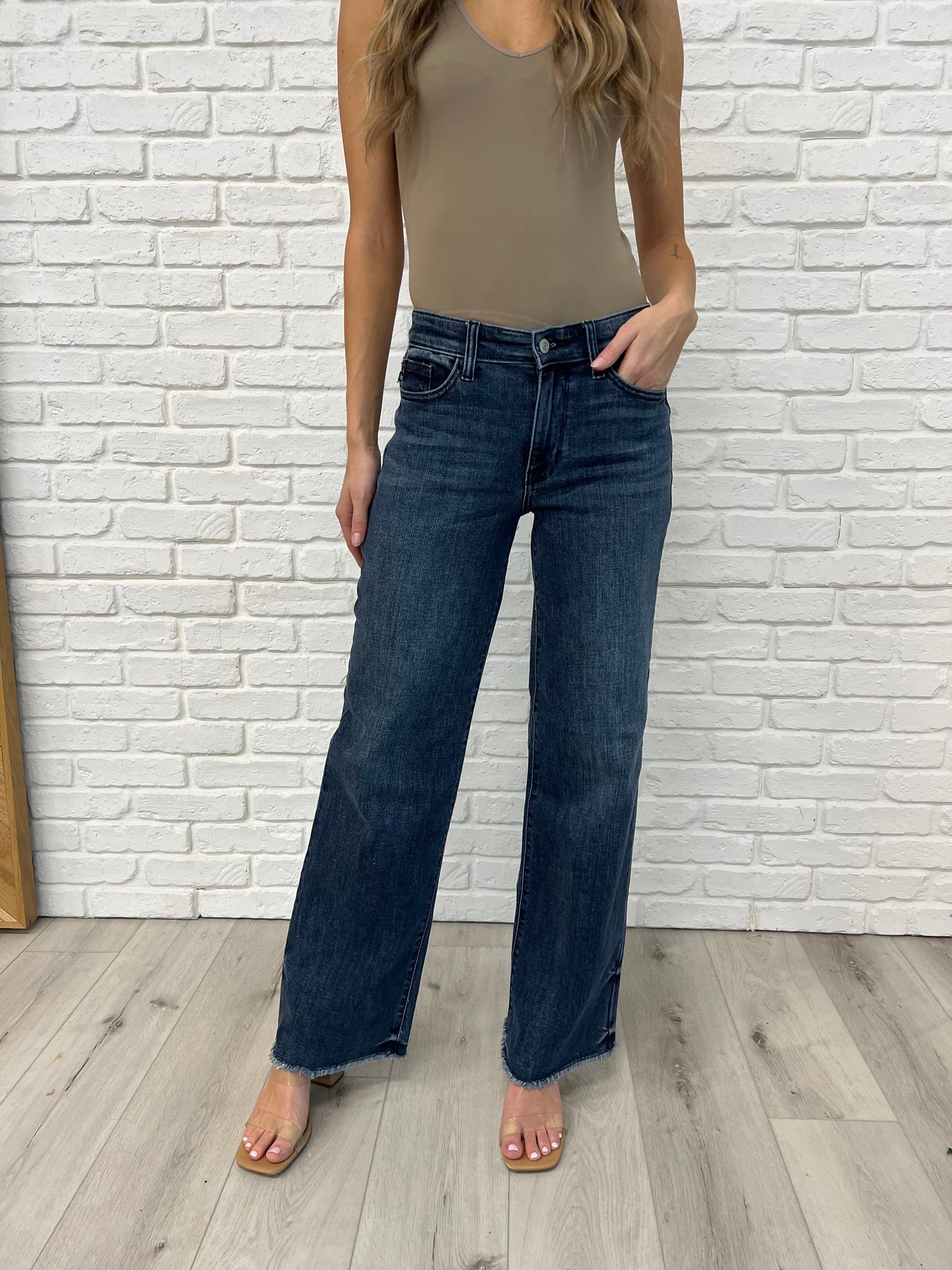 Addie Judy Blue Mid Rise Vintage Wash Wide Leg Jeans