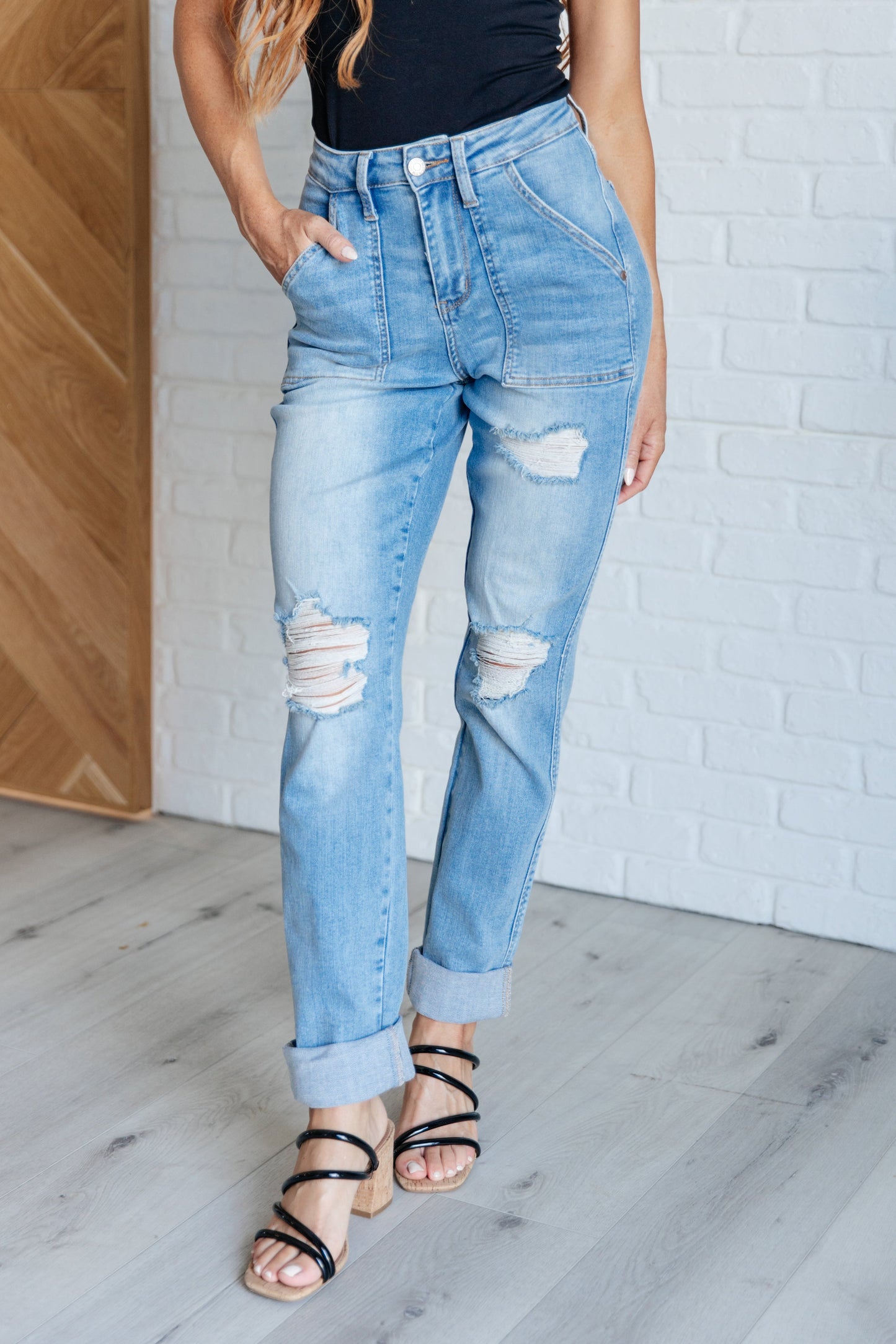 Judy Blue Aiden Patch Pocket Distressed Boyfriend Jeans