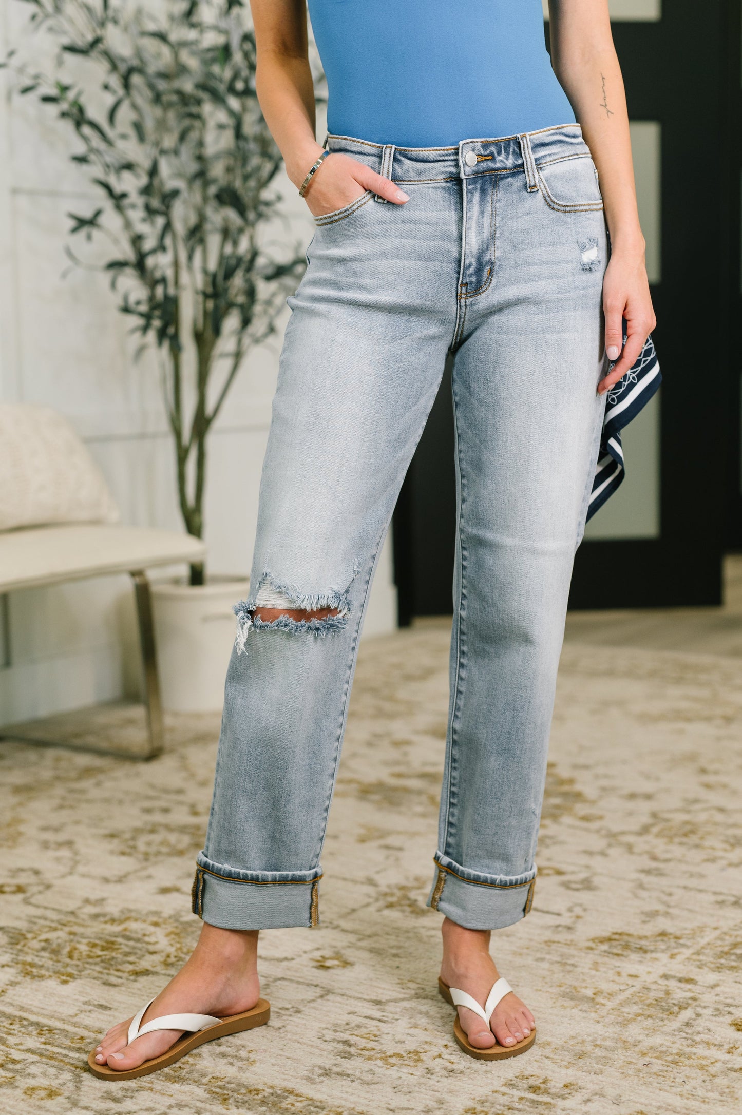 Alex Judy Blue Mid Rise Boyfriend Jean with Bandana Loop