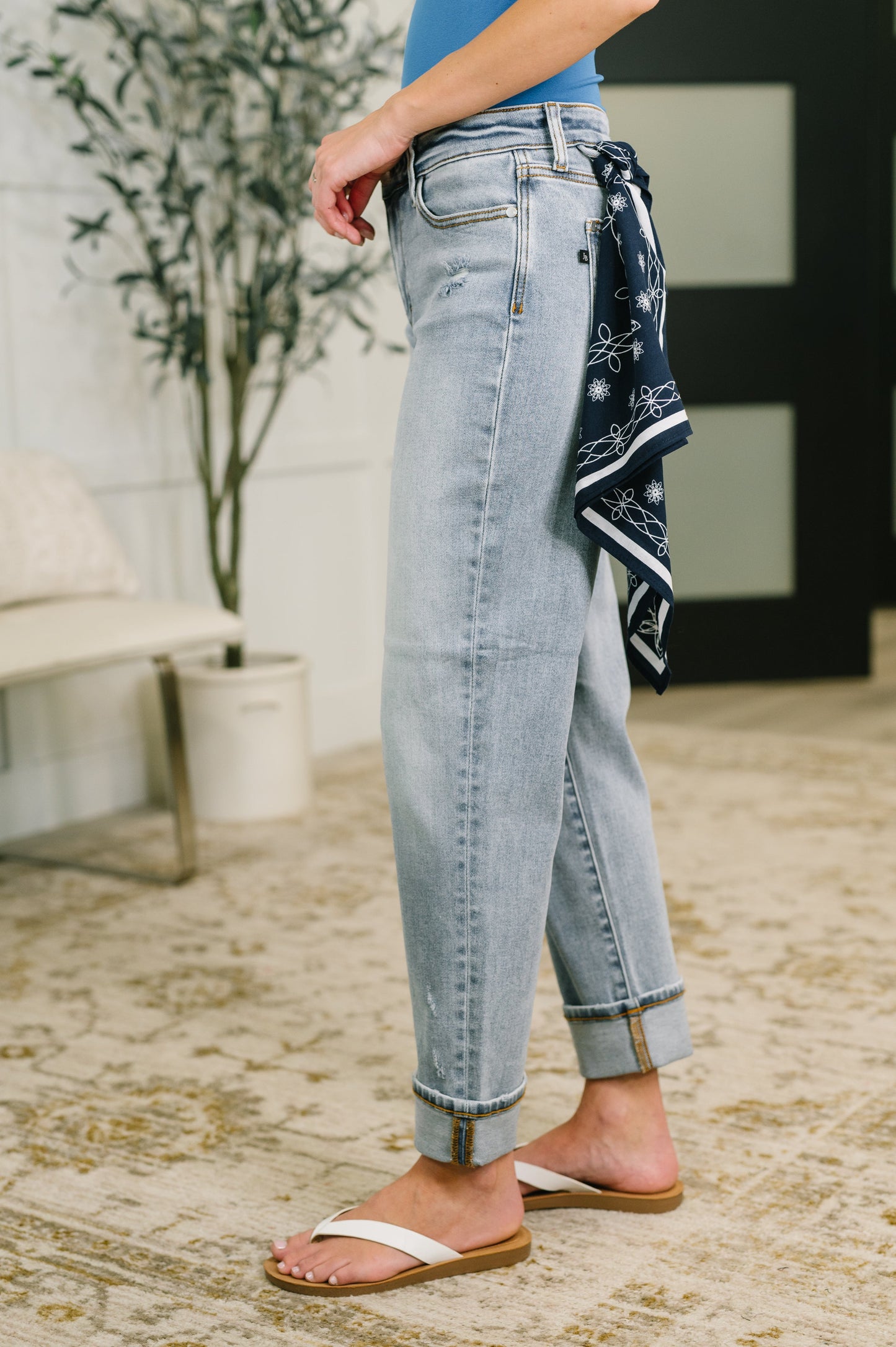 Alex Judy Blue Mid Rise Boyfriend Jean with Bandana Loop