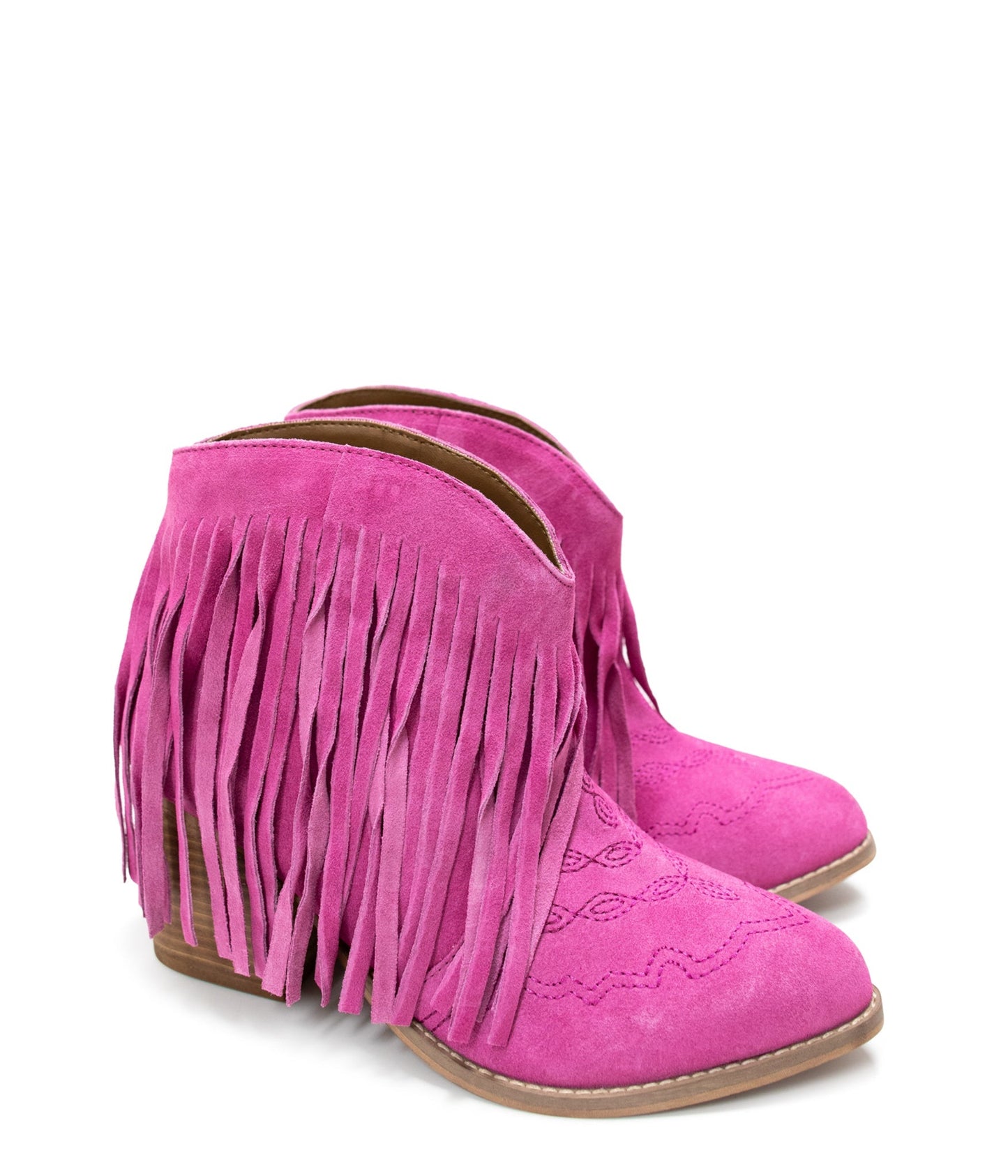 Naughty Monkey Amos Fringe Ankle Bootie in Magenta Suede