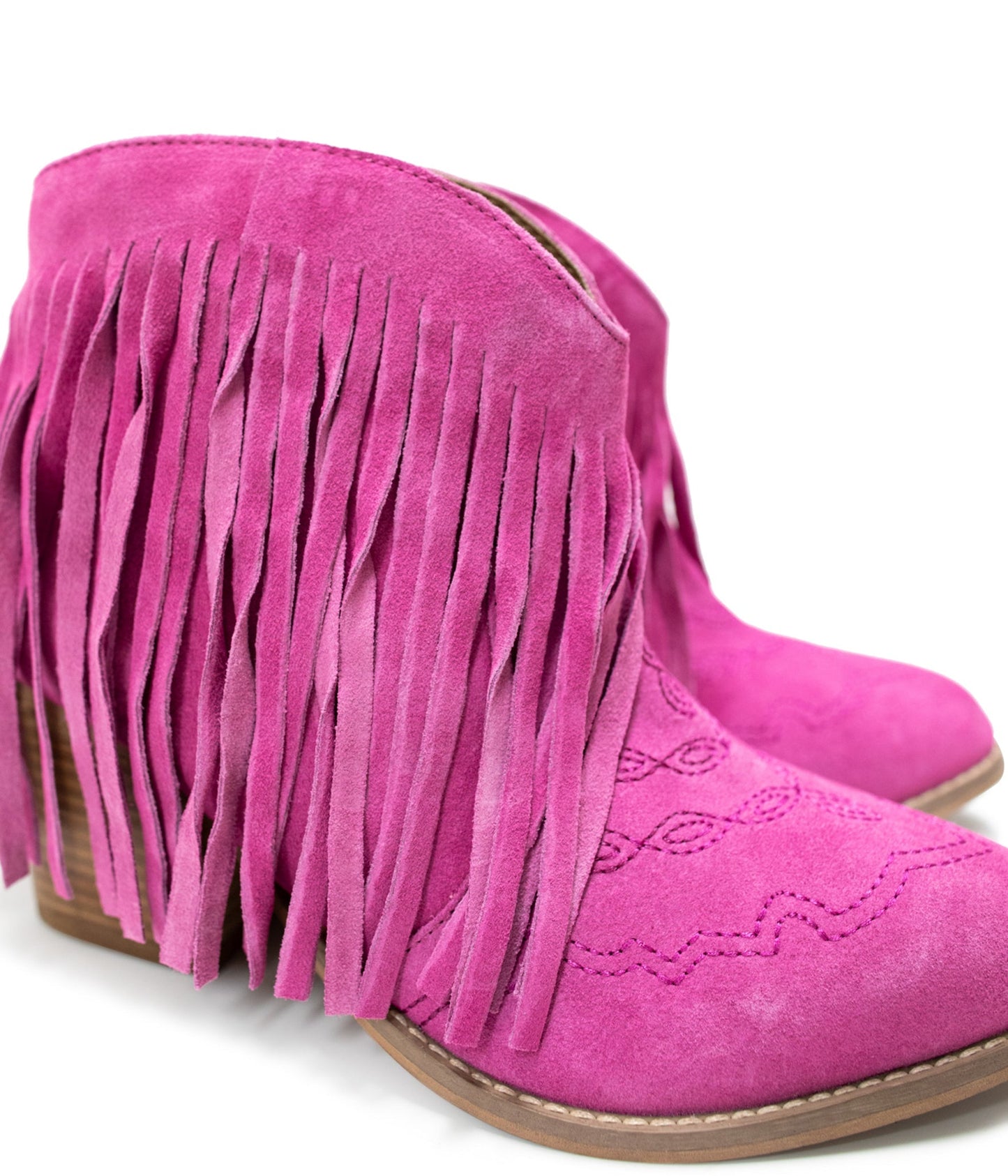 Naughty Monkey Amos Fringe Ankle Bootie in Magenta Suede