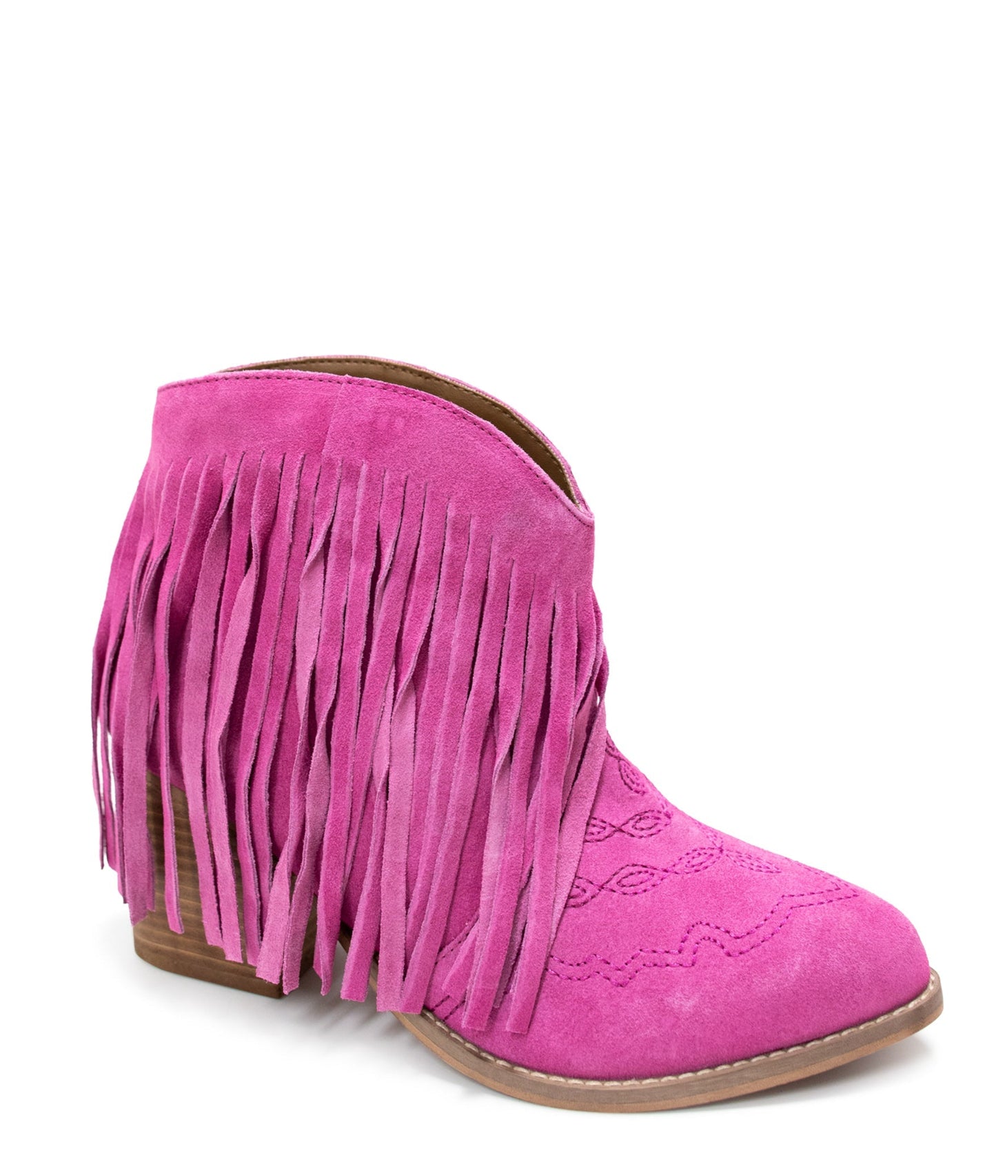 Naughty Monkey Amos Fringe Ankle Bootie in Magenta Suede