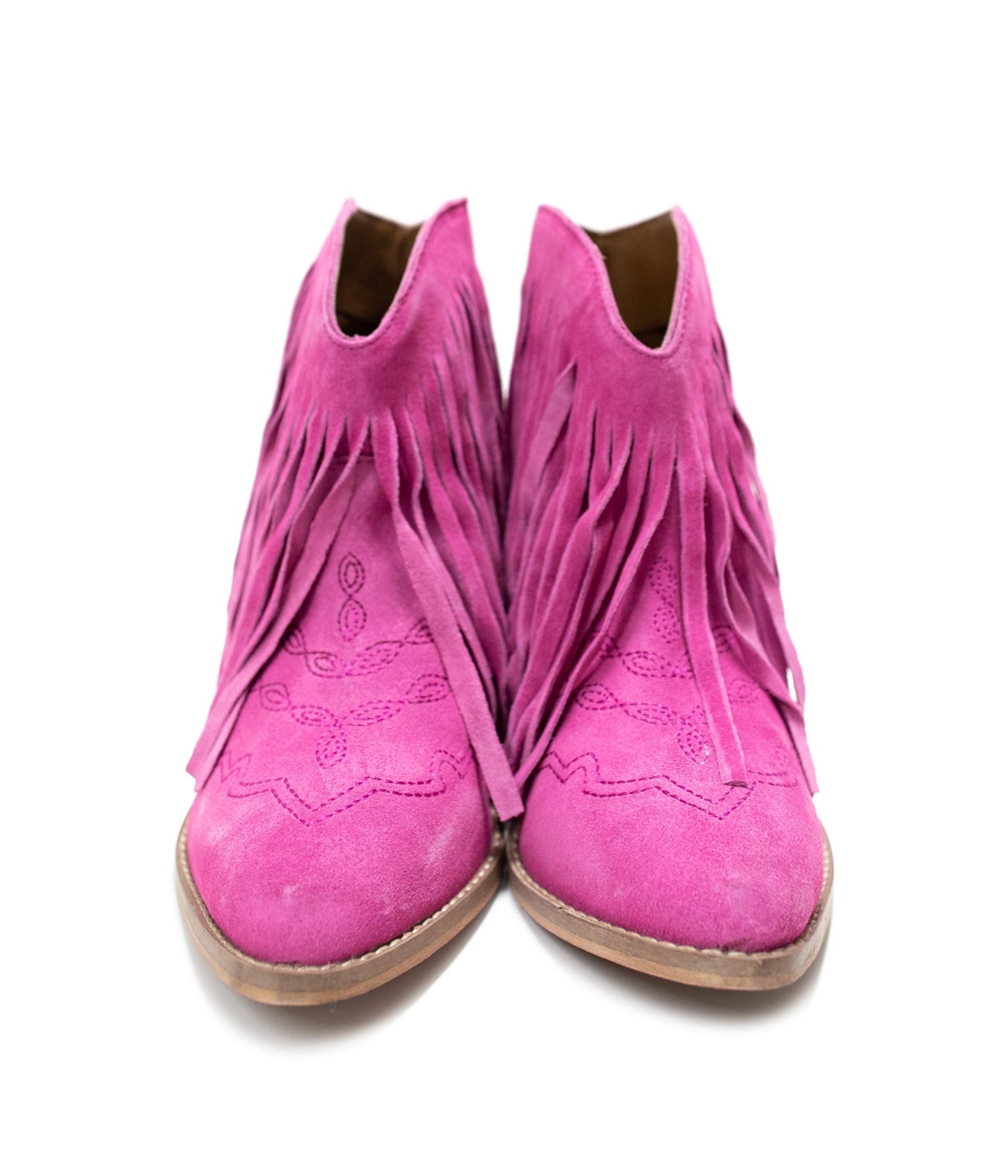 Naughty Monkey Amos Fringe Ankle Bootie in Magenta Suede