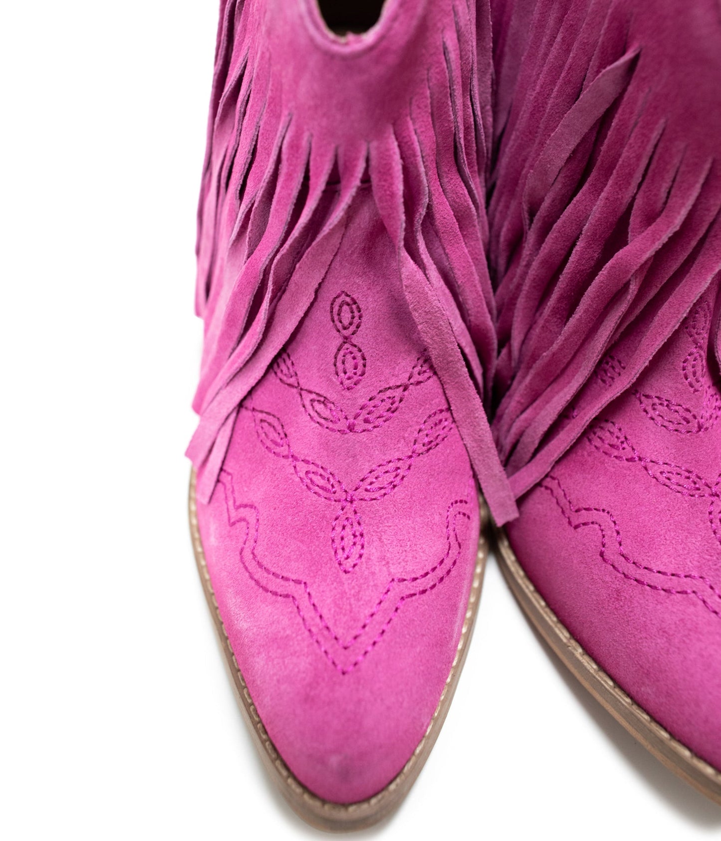 Naughty Monkey Amos Fringe Ankle Bootie in Magenta Suede