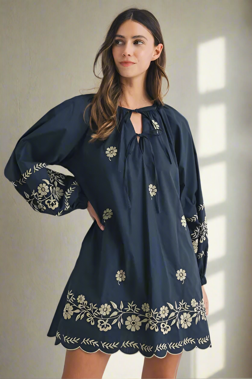 MABLE Embroidered Long Sleeve Peasant Mini Dress