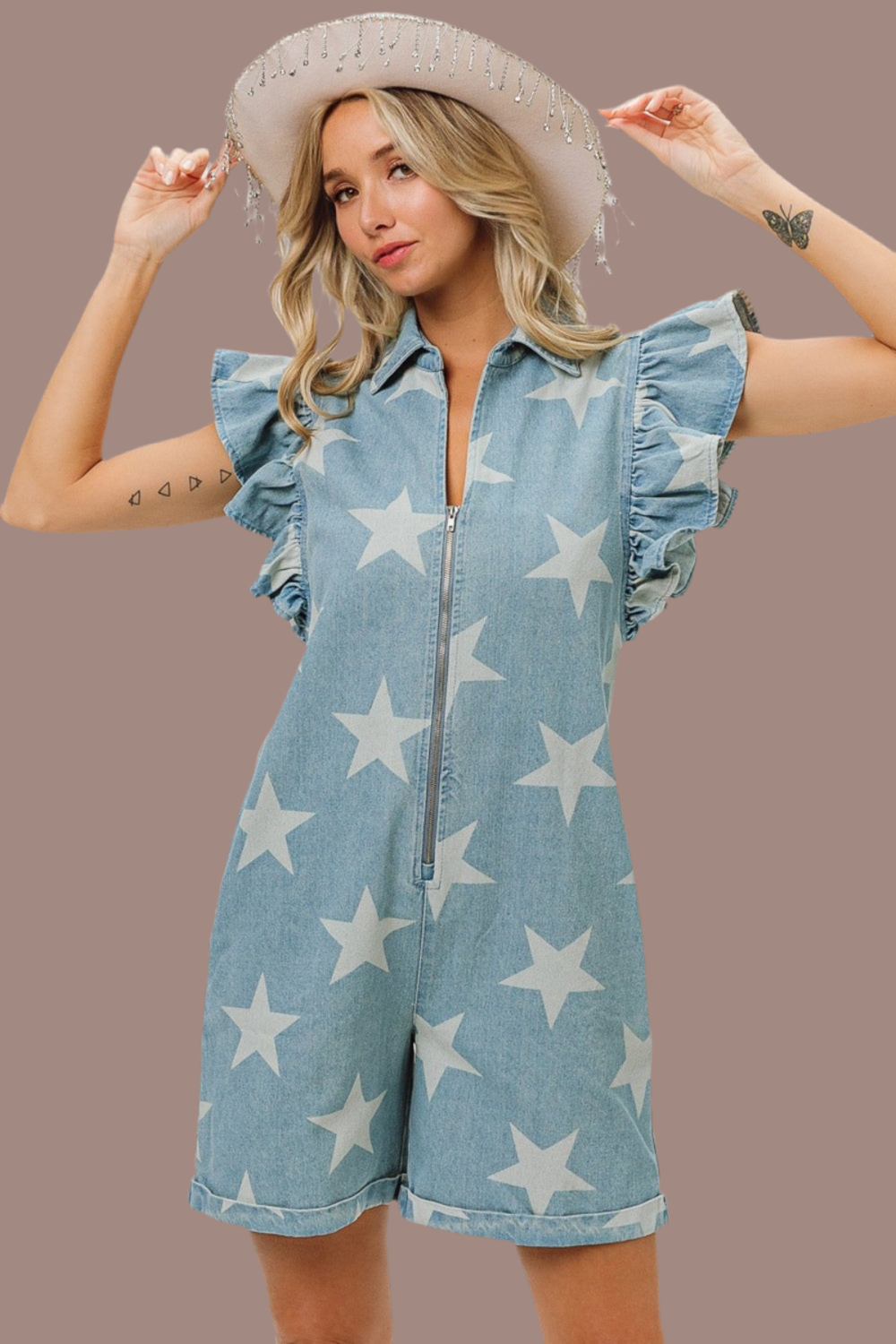 BiBi Ruffled Star Half Zip Denim Romper