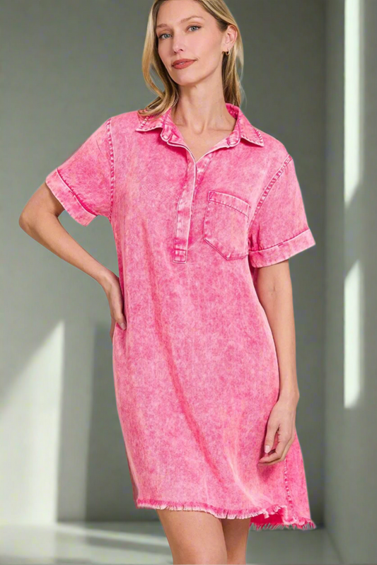 Zenana Mineral Washed Collared Shirt Dress