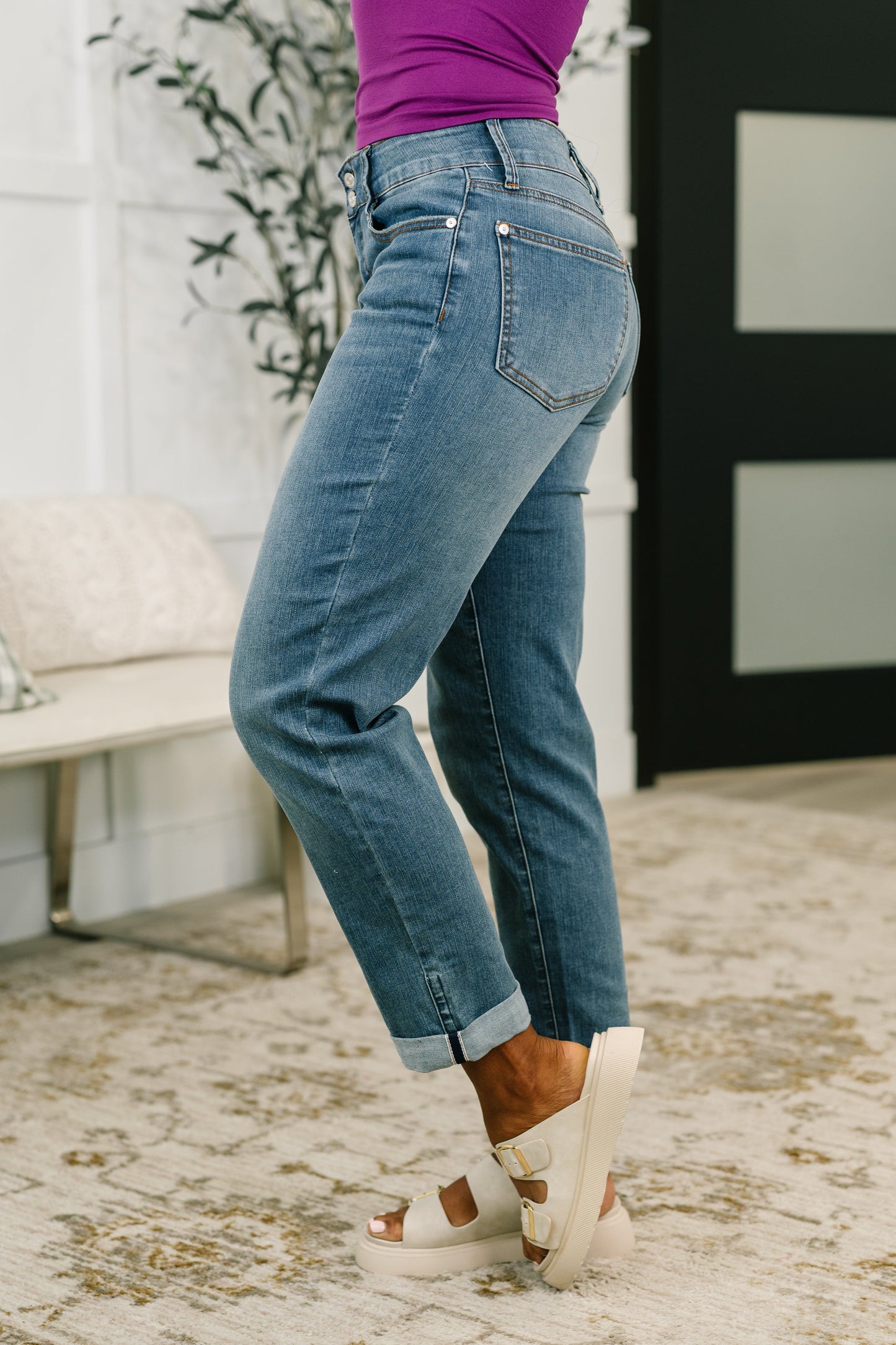 Becky Judy Blue Mid Rise Cool Denim Boyfriend Jean