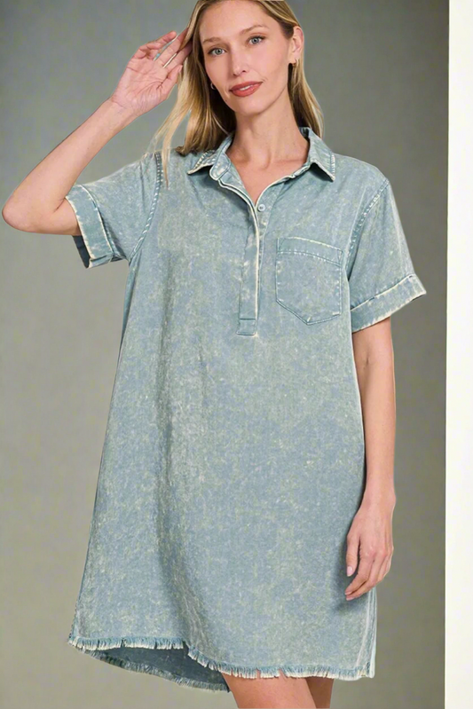 Zenana Mineral Washed Collared Shirt Dress