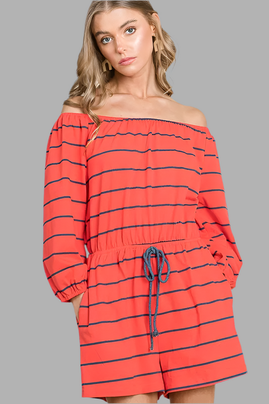 Lime 'N' Chili Striped Off-The-Shoulder Quarter Sleeve Romper