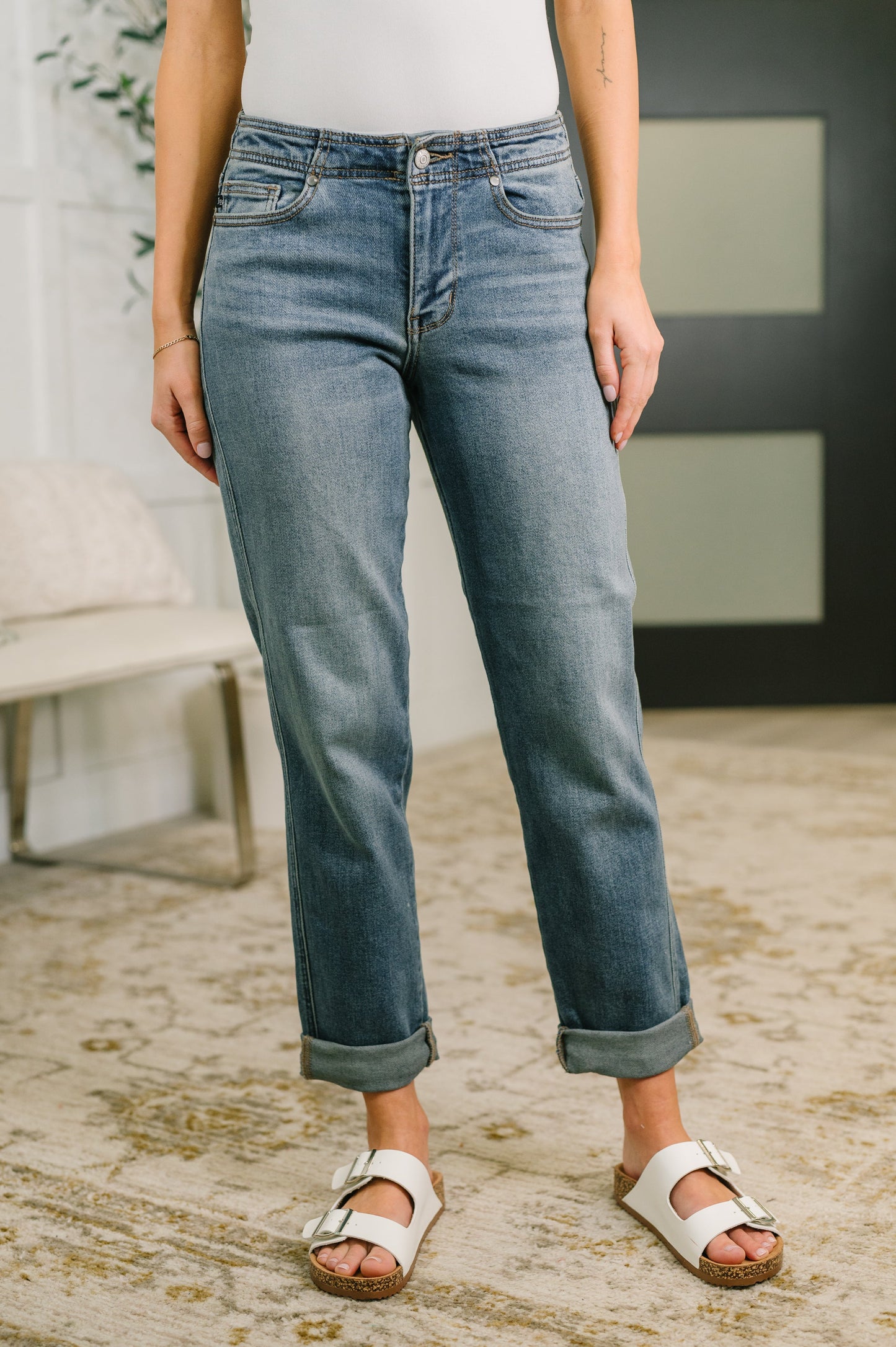 Doris Judy Blue Mid Rise Boyfriend with Adjustable Back Tab + Hollywood WB