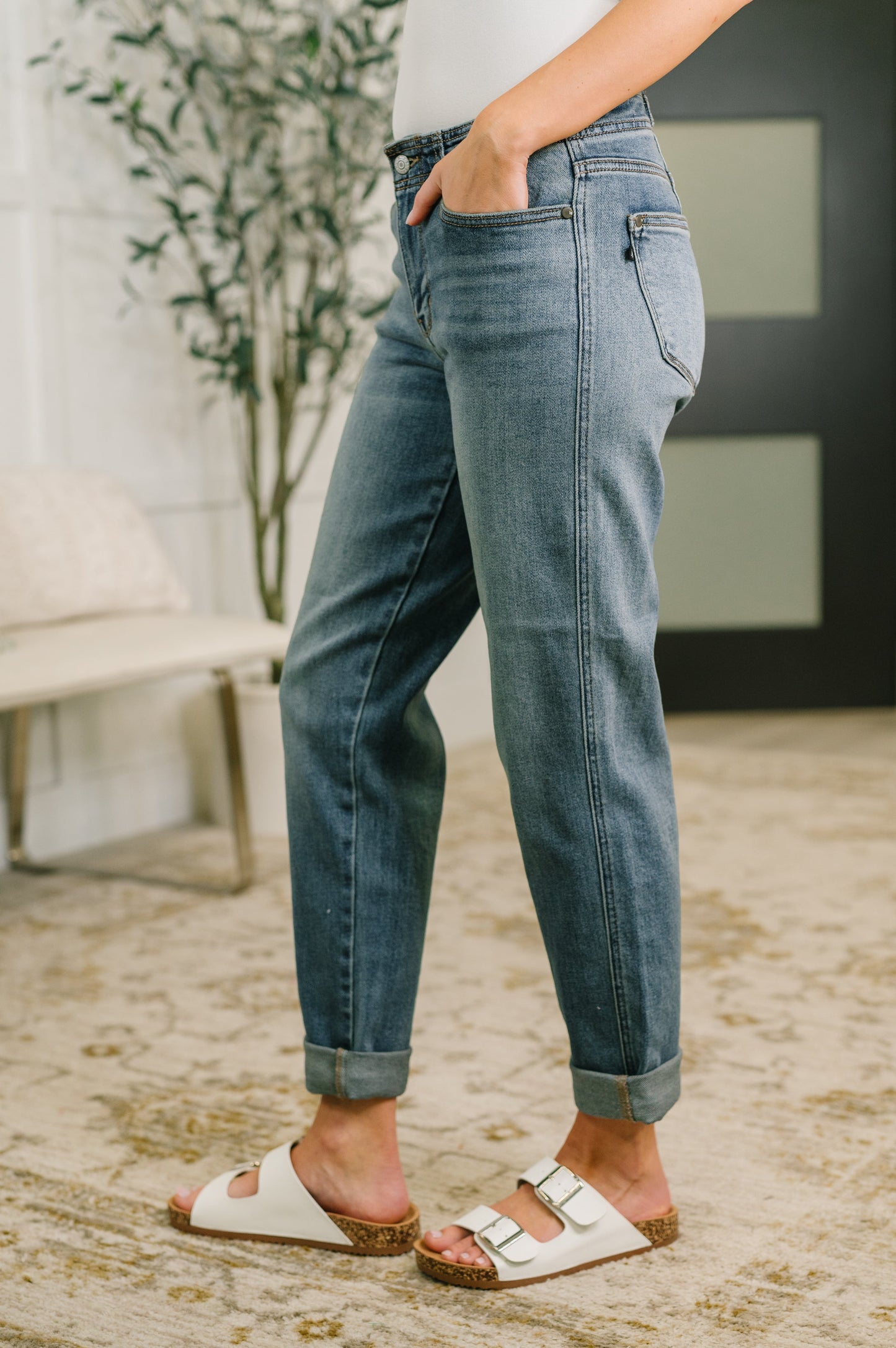 Doris Judy Blue Mid Rise Boyfriend with Adjustable Back Tab + Hollywood WB