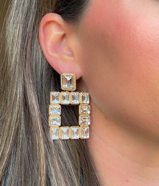 Square Gold Rhinestone Statement Earrings