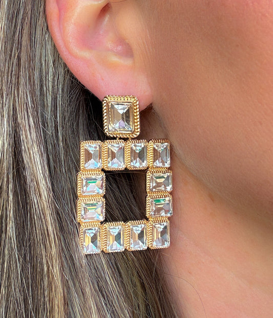 Square Gold Rhinestone Statement Earrings