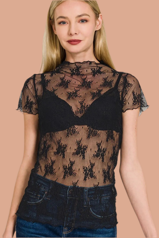 Zenana Lace See-through Layering Short Sleeve Top
