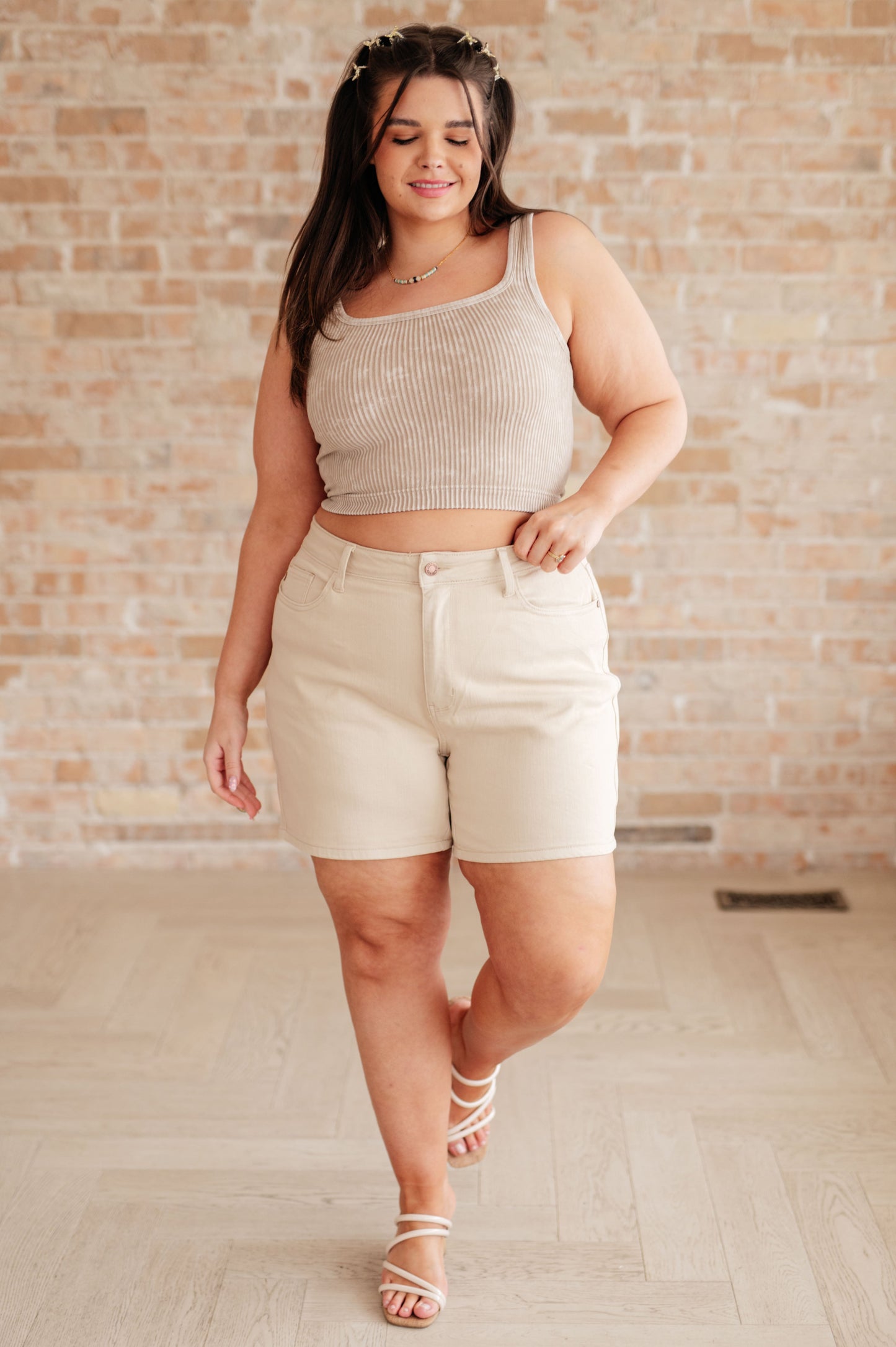 Greta Judy Blue High Rise Garment Dyed Shorts in Bone
