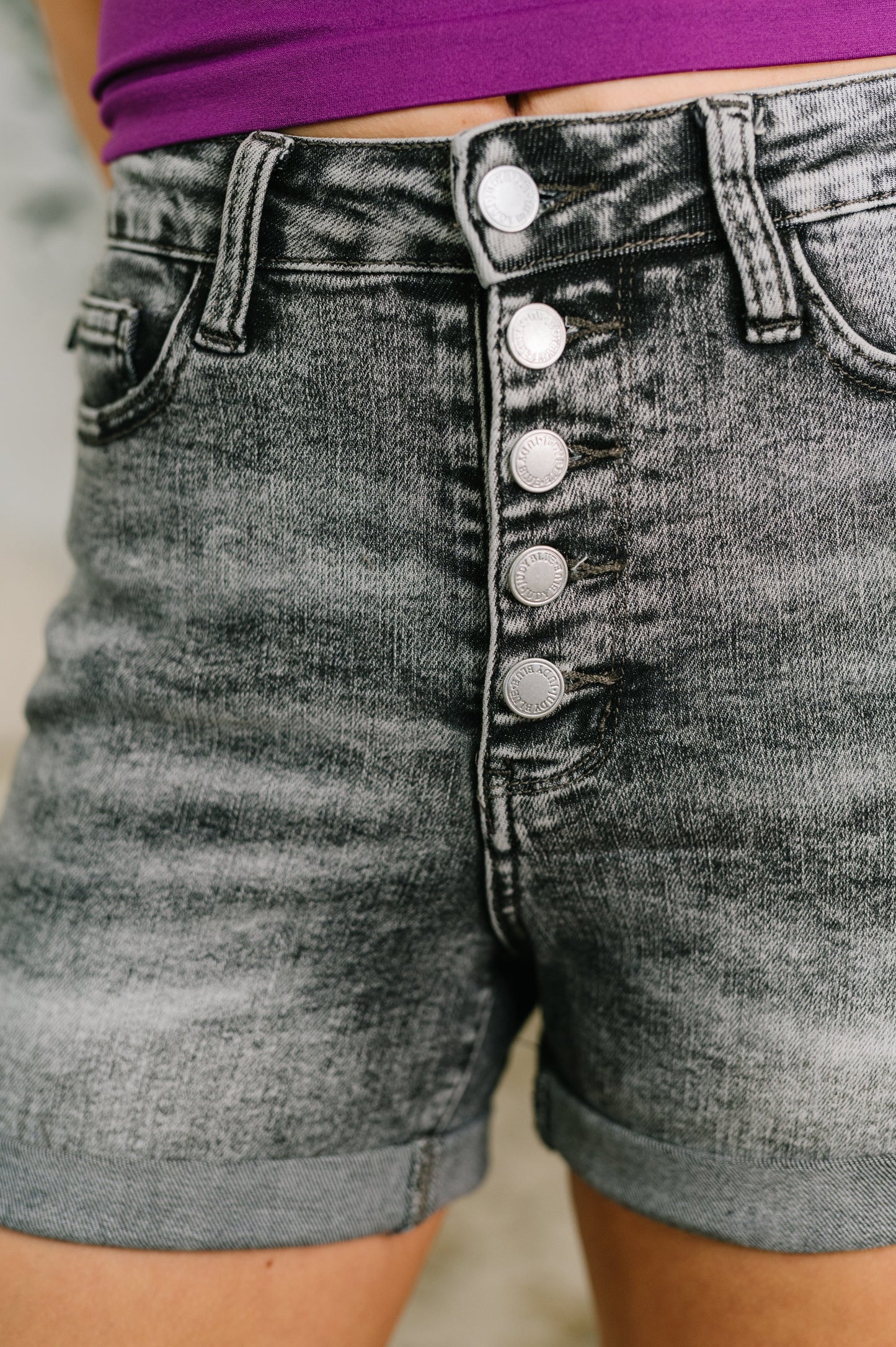 Greyson Judy Blue High Rise Button Fly Cuffed Shorts in Grey