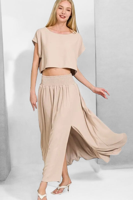 Zenana Heavy Woven Span Crop Tee & Skirt Set