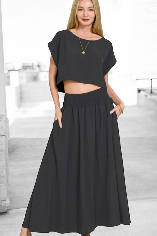 Zenana Heavy Woven Span Crop Tee & Skirt Set