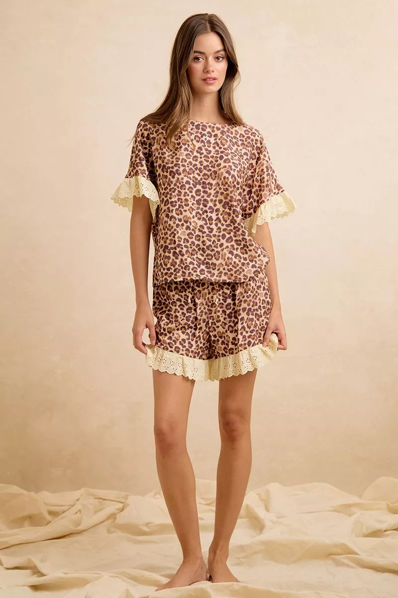 Love, love Leopard and Eyelet Lace Ruffled Top and Shorts Set