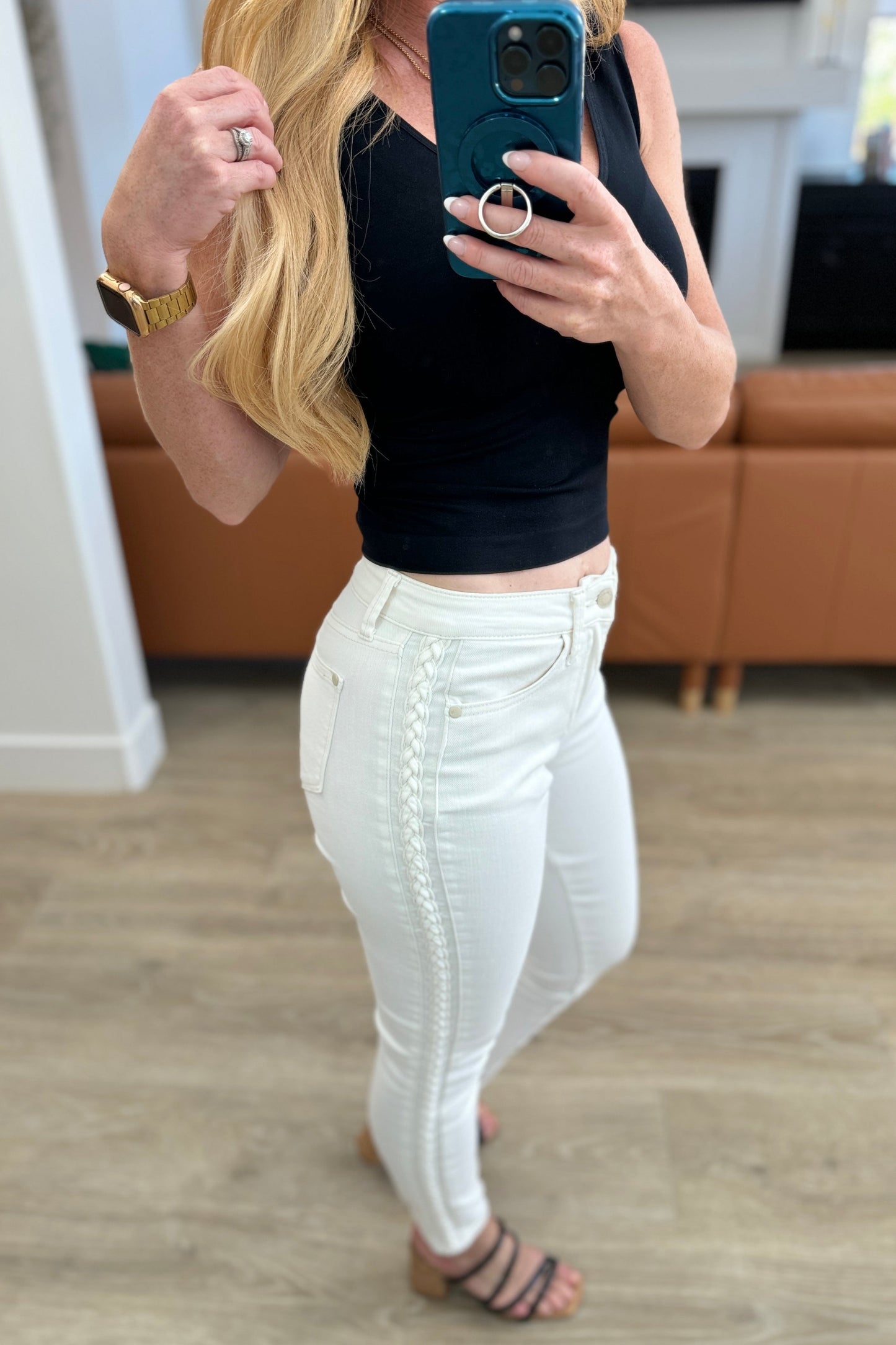 Maddie Judy Blue Mid Rise Braided Side Seam Relaxed Jeans