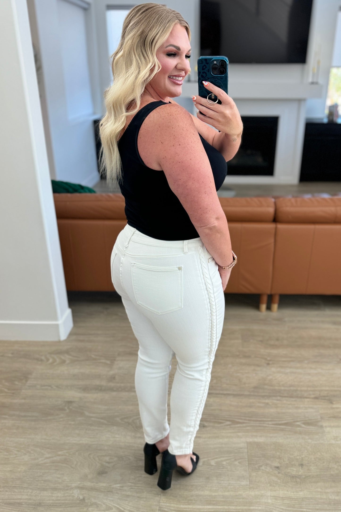 Maddie Judy Blue Mid Rise Braided Side Seam Relaxed Jeans