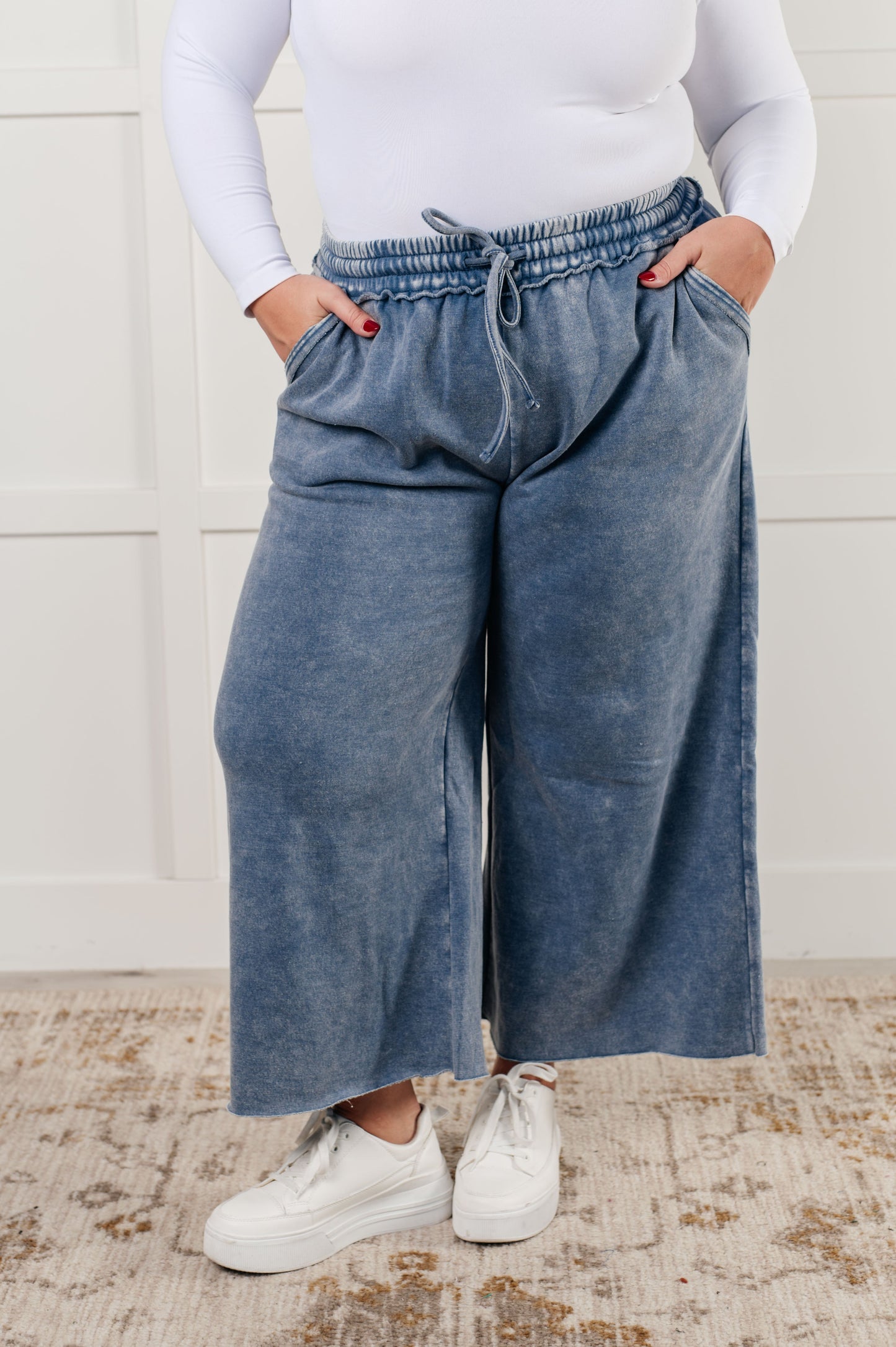 Zenana In or Out Wide Leg Cropped Pants in Dusty Blue