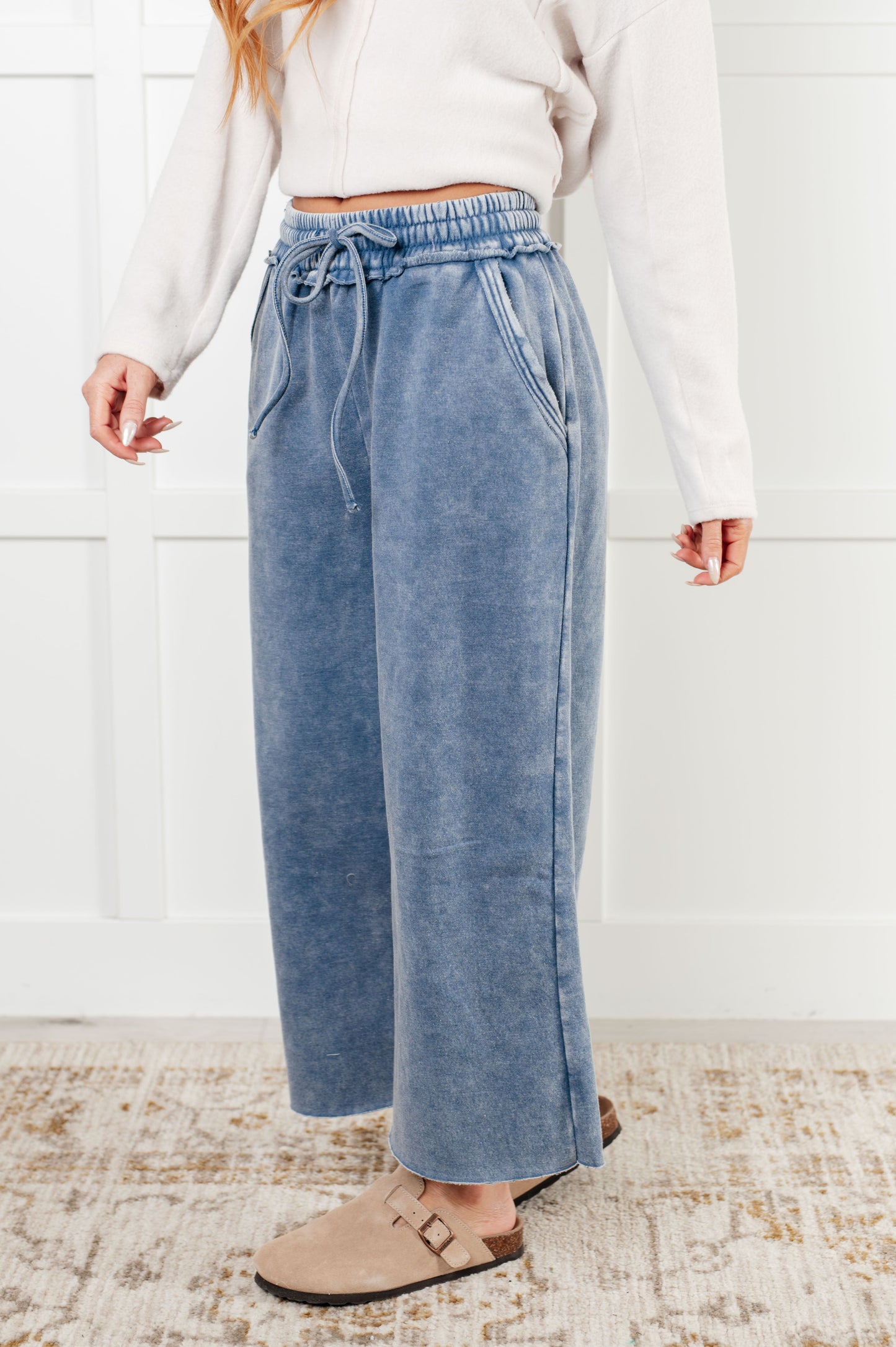 Zenana In or Out Wide Leg Cropped Pants in Dusty Blue