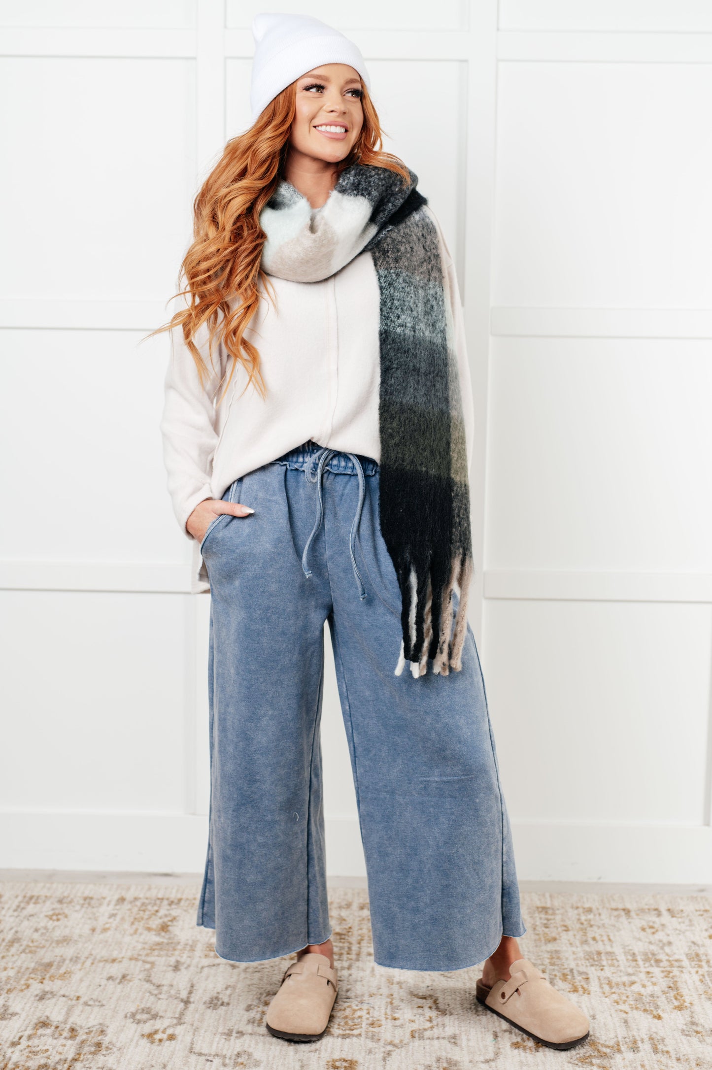 Zenana In or Out Wide Leg Cropped Pants in Dusty Blue