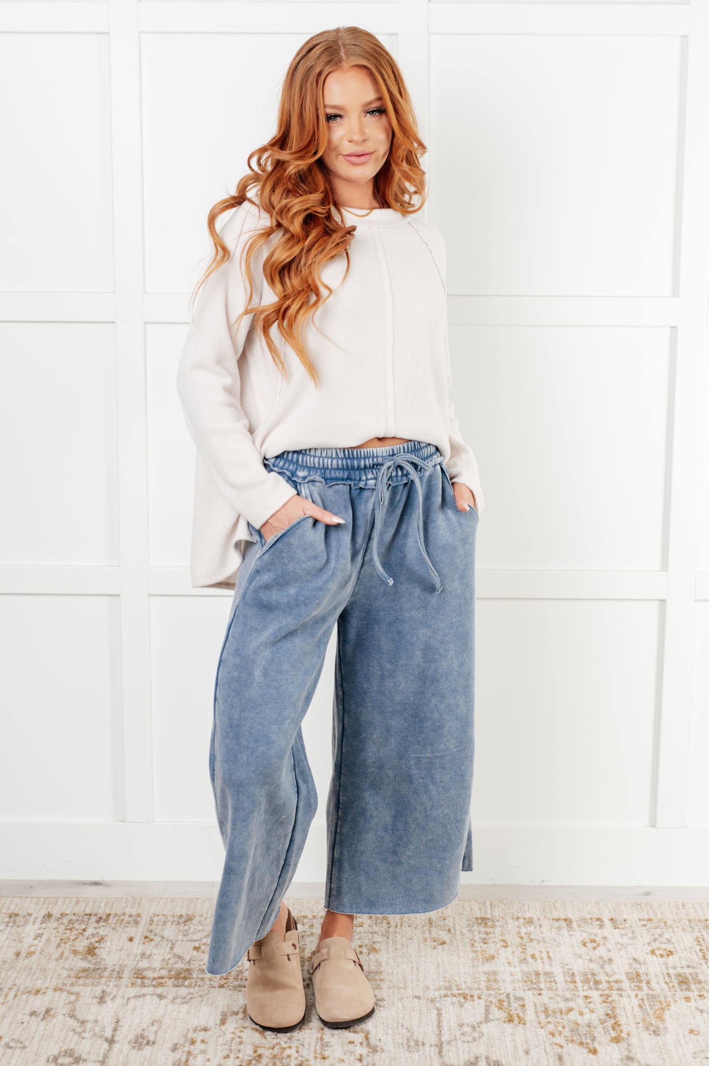 Zenana In or Out Wide Leg Cropped Pants in Dusty Blue