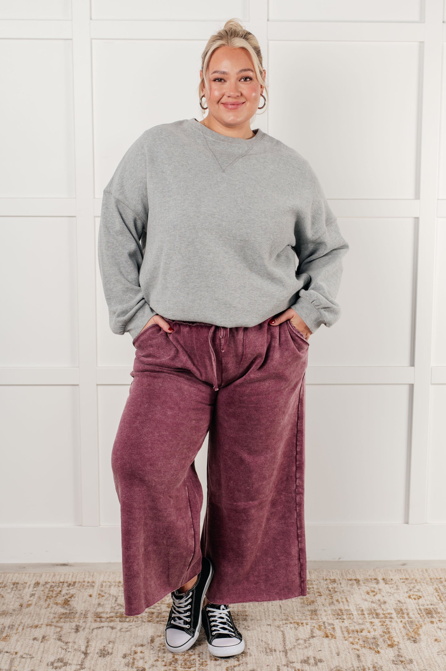 Zenana In or Out Wide Leg Cropped Pants in Eggplant