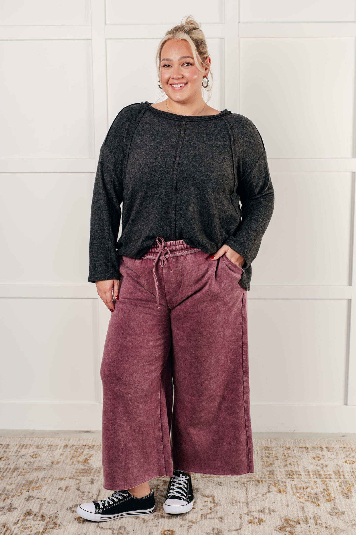 Zenana In or Out Wide Leg Cropped Pants in Eggplant