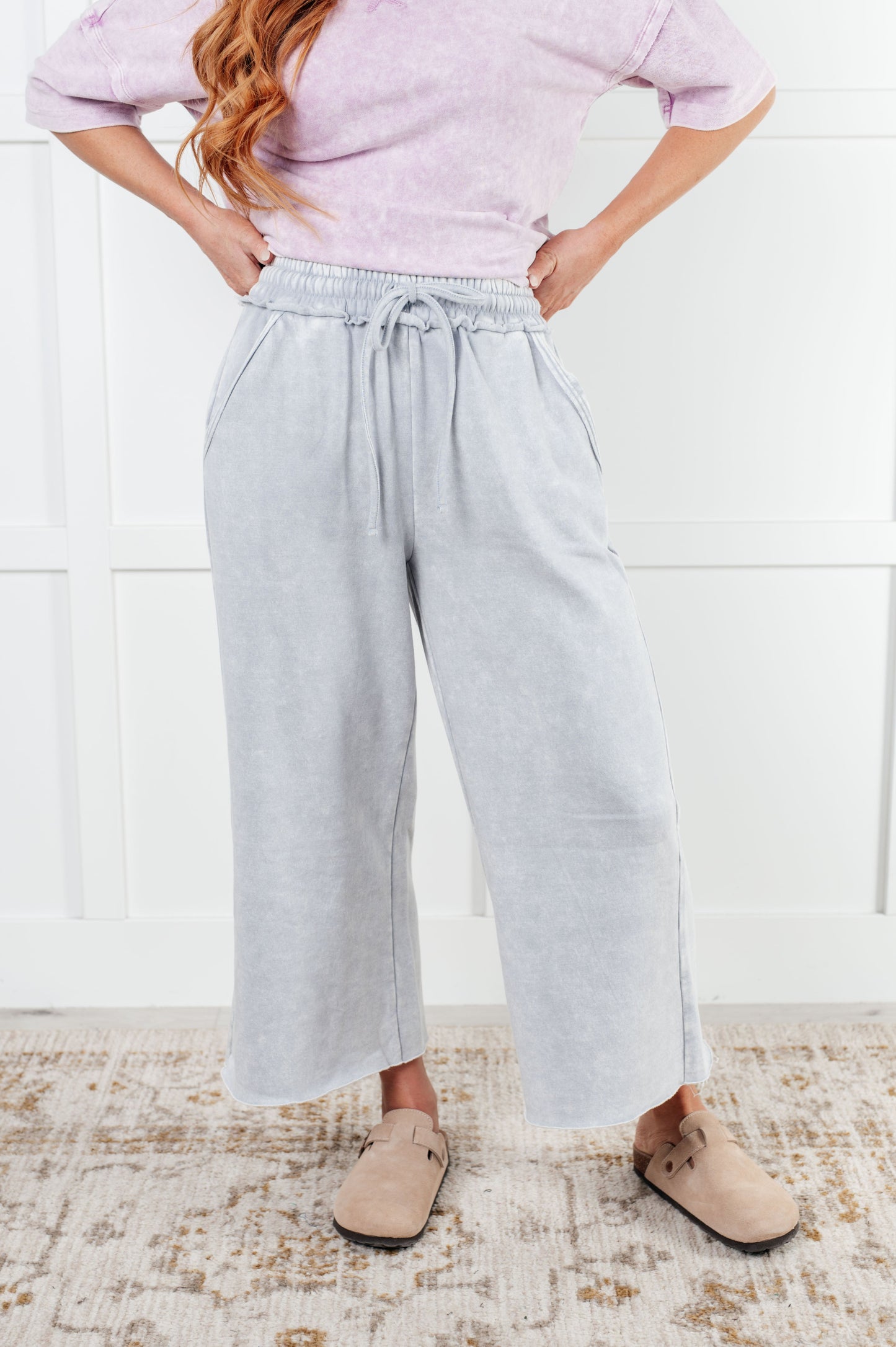 Zenana In or Out Wide Leg Cropped Pants in Light Grey