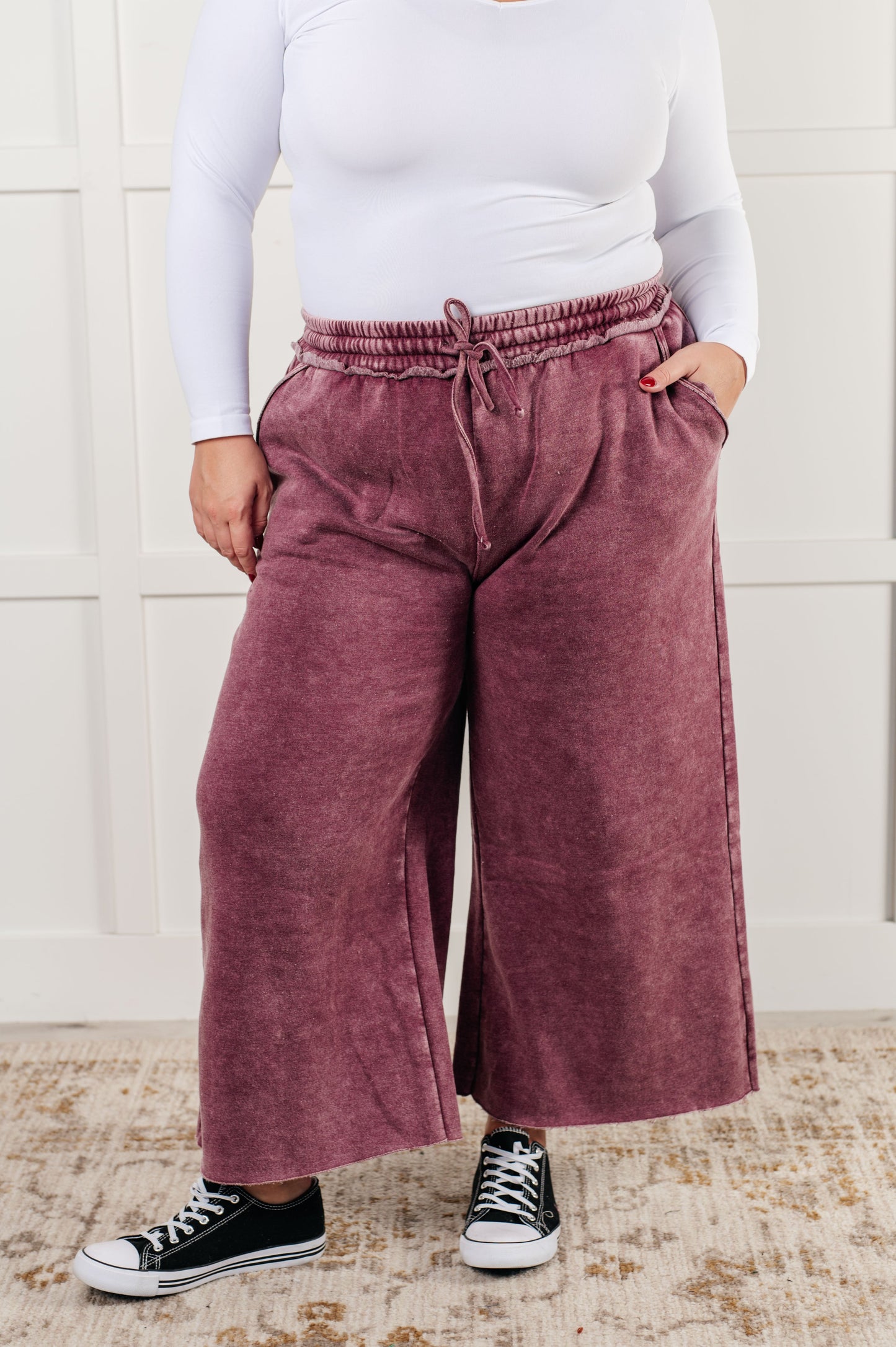 Zenana In or Out Wide Leg Cropped Pants in Eggplant