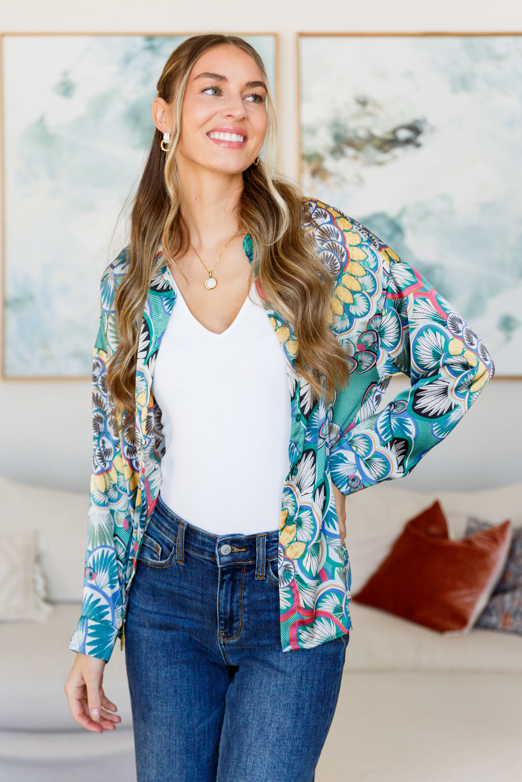Jodifl In the Willows Button Up Blouse in Teal Paisley