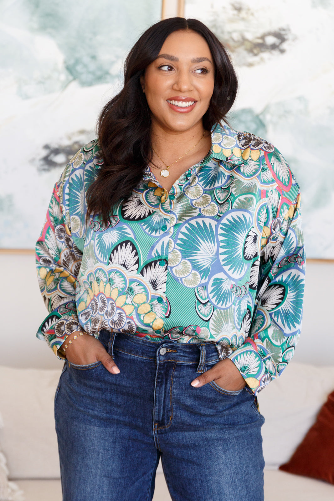 Jodifl In the Willows Button Up Blouse in Teal Paisley