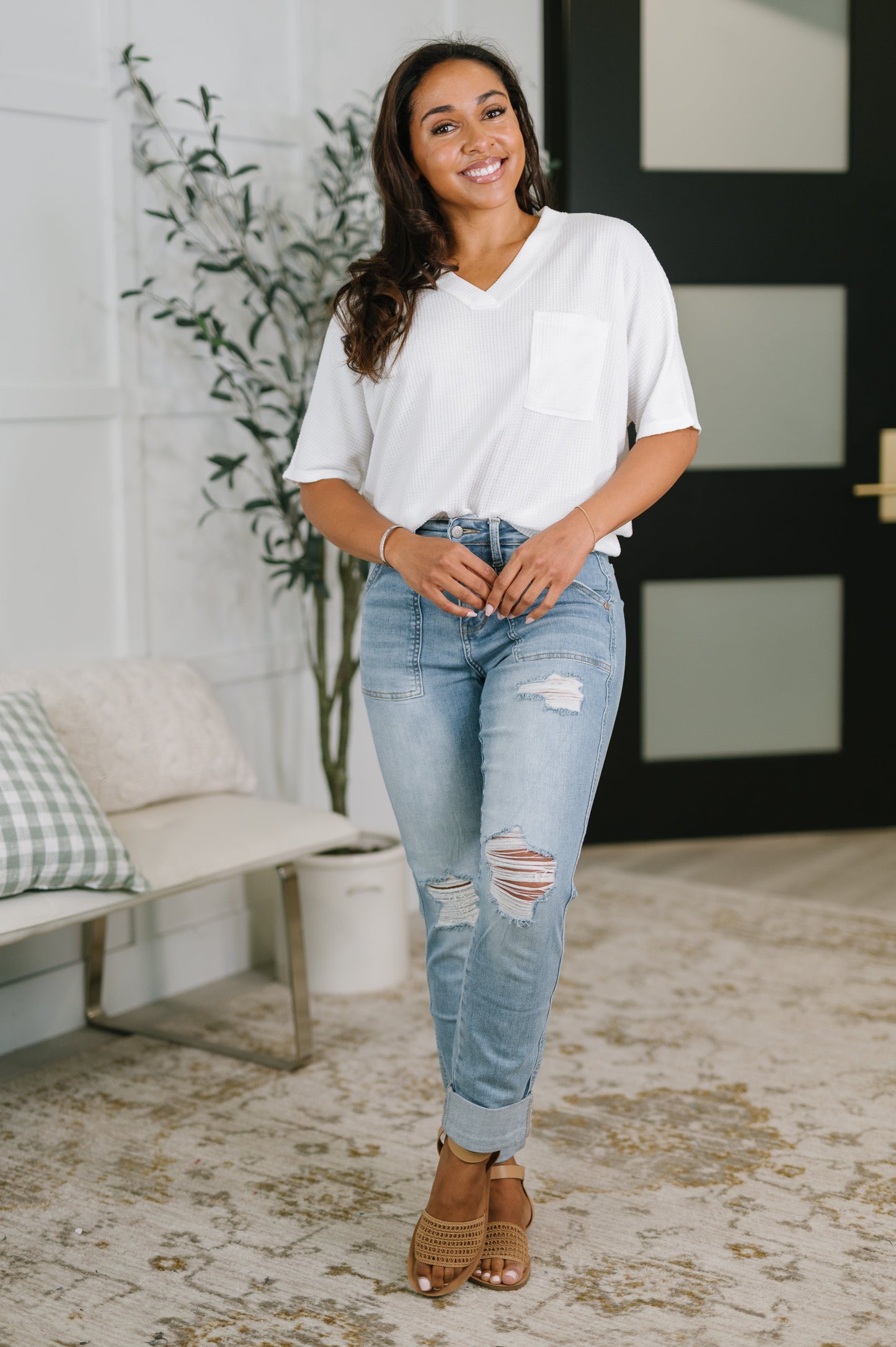 Aiden Judy Blue High Rise Patch Pocket Distressed Boyfriend Jeans