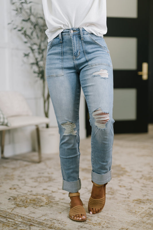 Aiden Judy Blue High Rise Patch Pocket Distressed Boyfriend Jeans