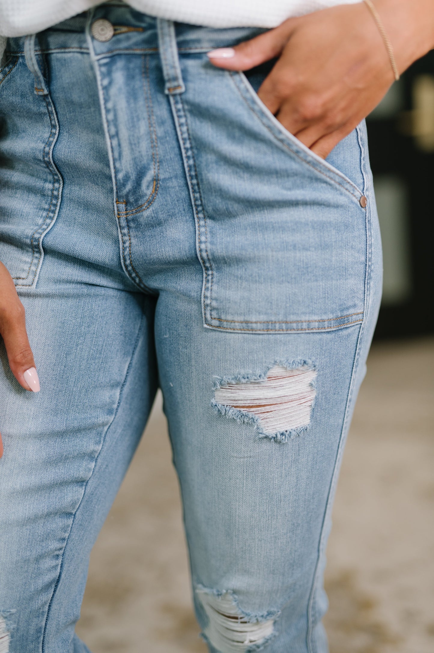 Aiden Judy Blue High Rise Patch Pocket Distressed Boyfriend Jeans