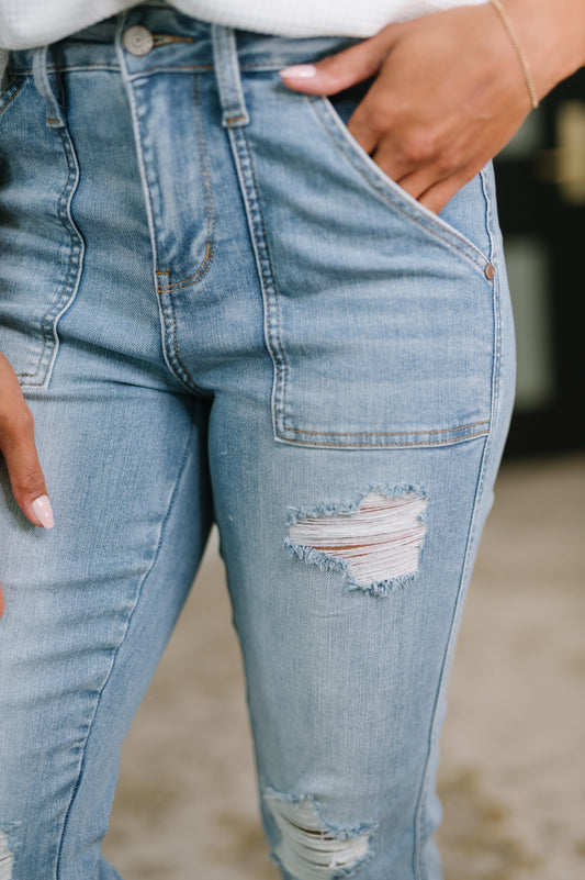 Aiden Judy Blue High Rise Patch Pocket Distressed Boyfriend Jeans
